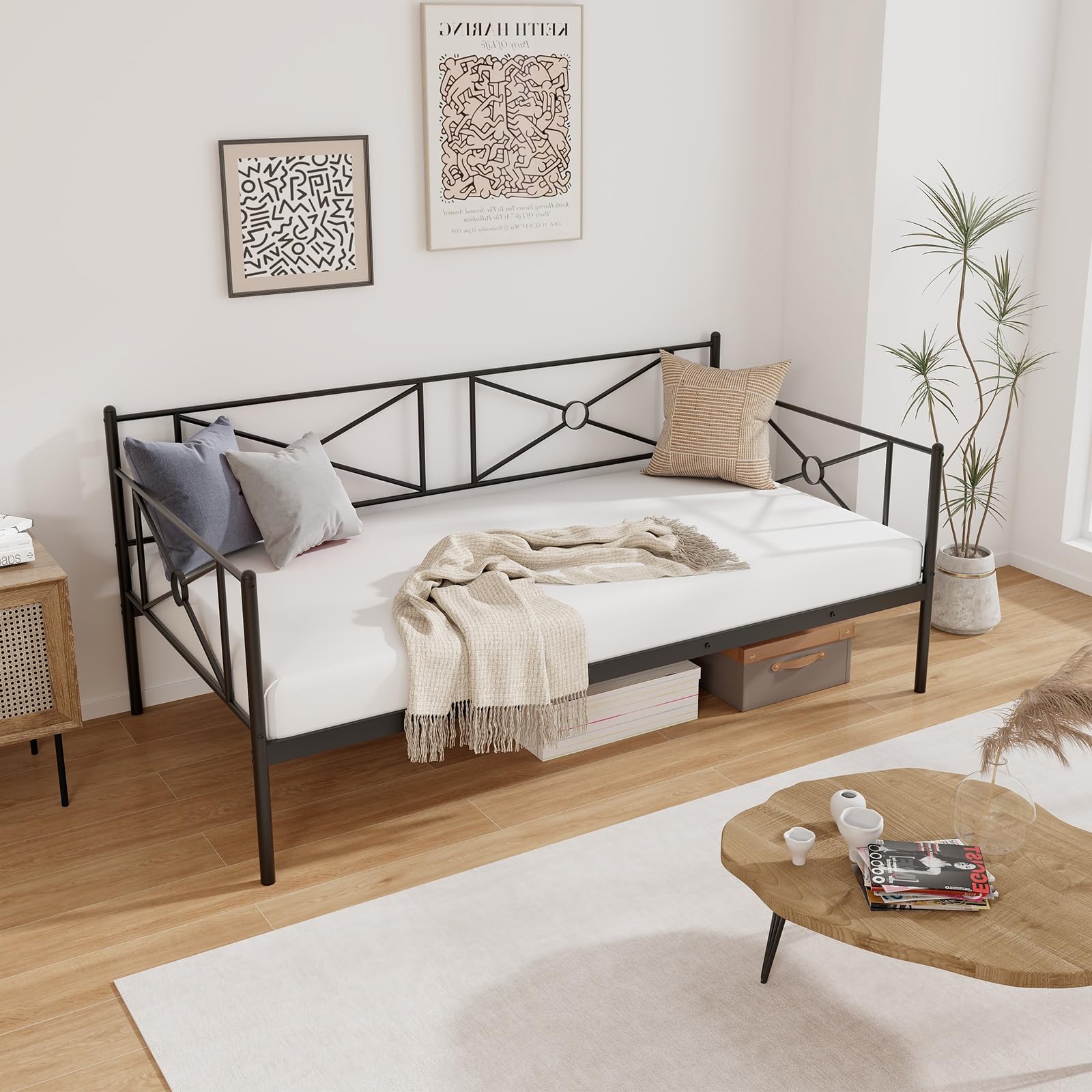 Twin Size Metal Daybed, Multifunctional Sofa Guest Bed with Headboard