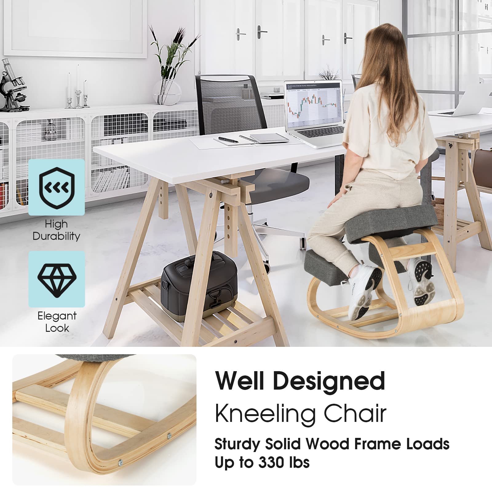 Kneeling Chair, Wood Posture Chair, Max Load 330 Lbs, Rocking Knee Chair with Soft Cushion
