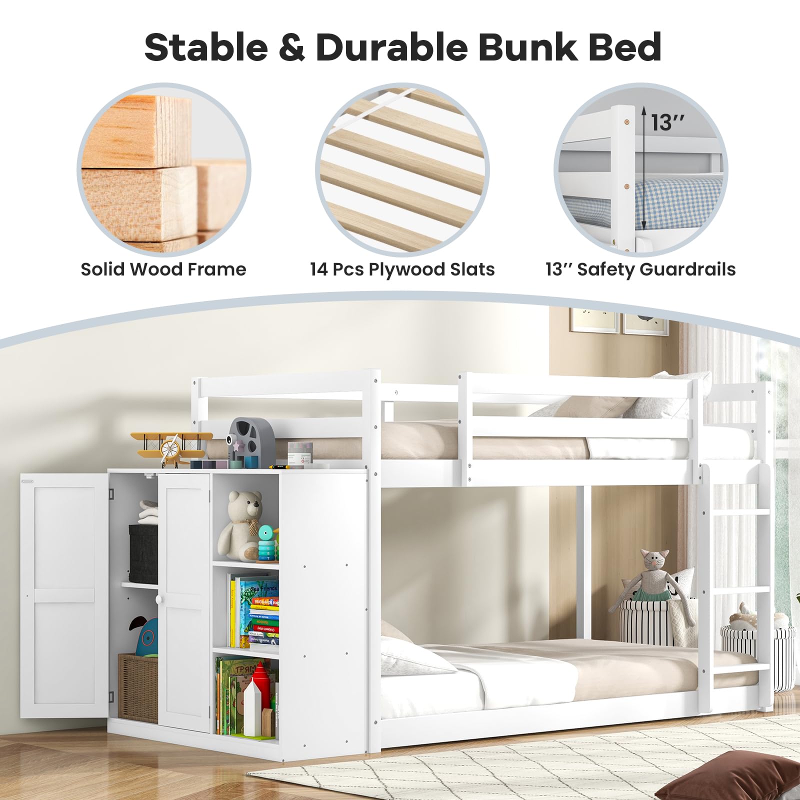 Twin Over Twin Bunk Bed with Storage Cabinet & Shelves, Convertible Bookcase