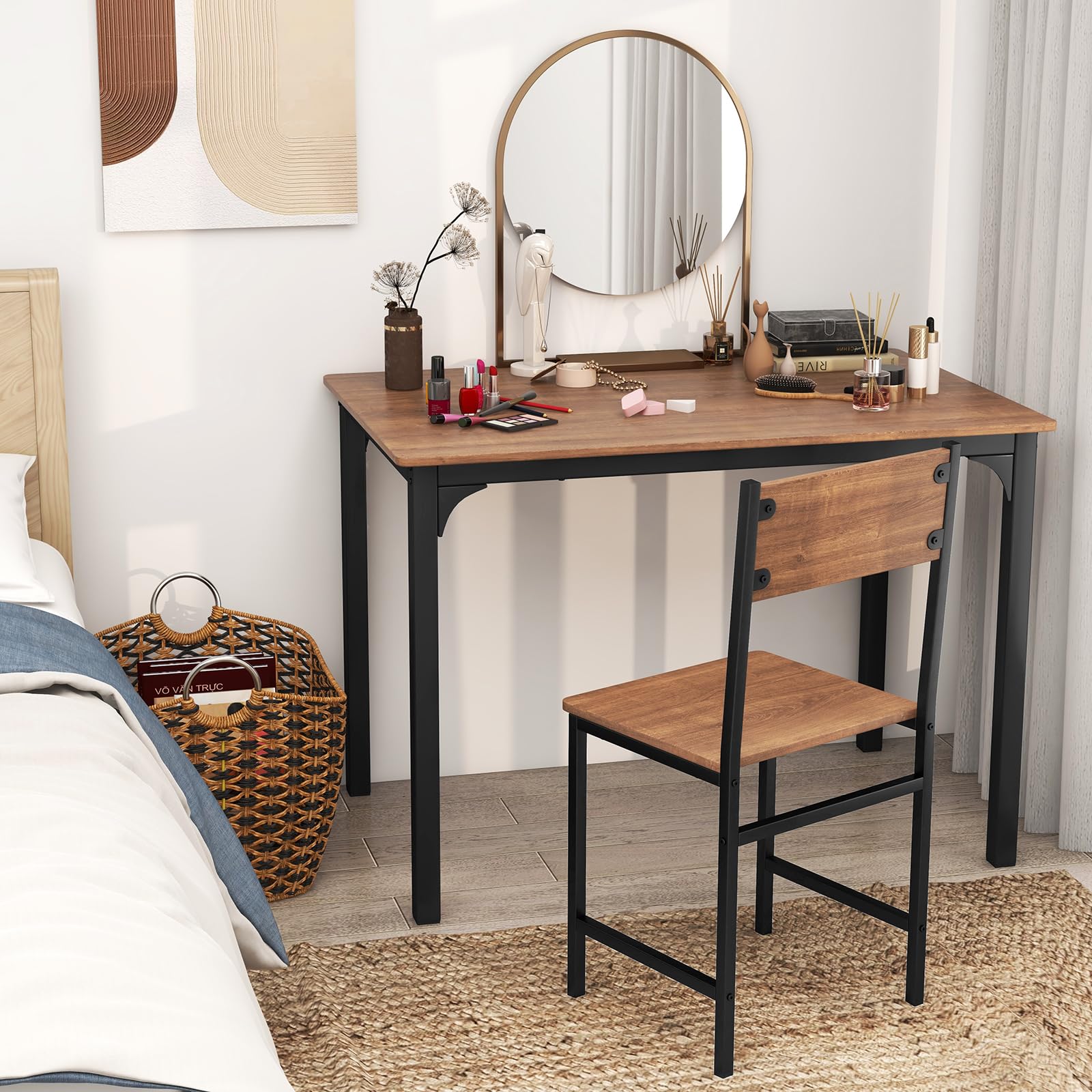 Dining Table Set for 4, Industrial Gathering Bench Dining Set W/Metal Frame & Storage Rack