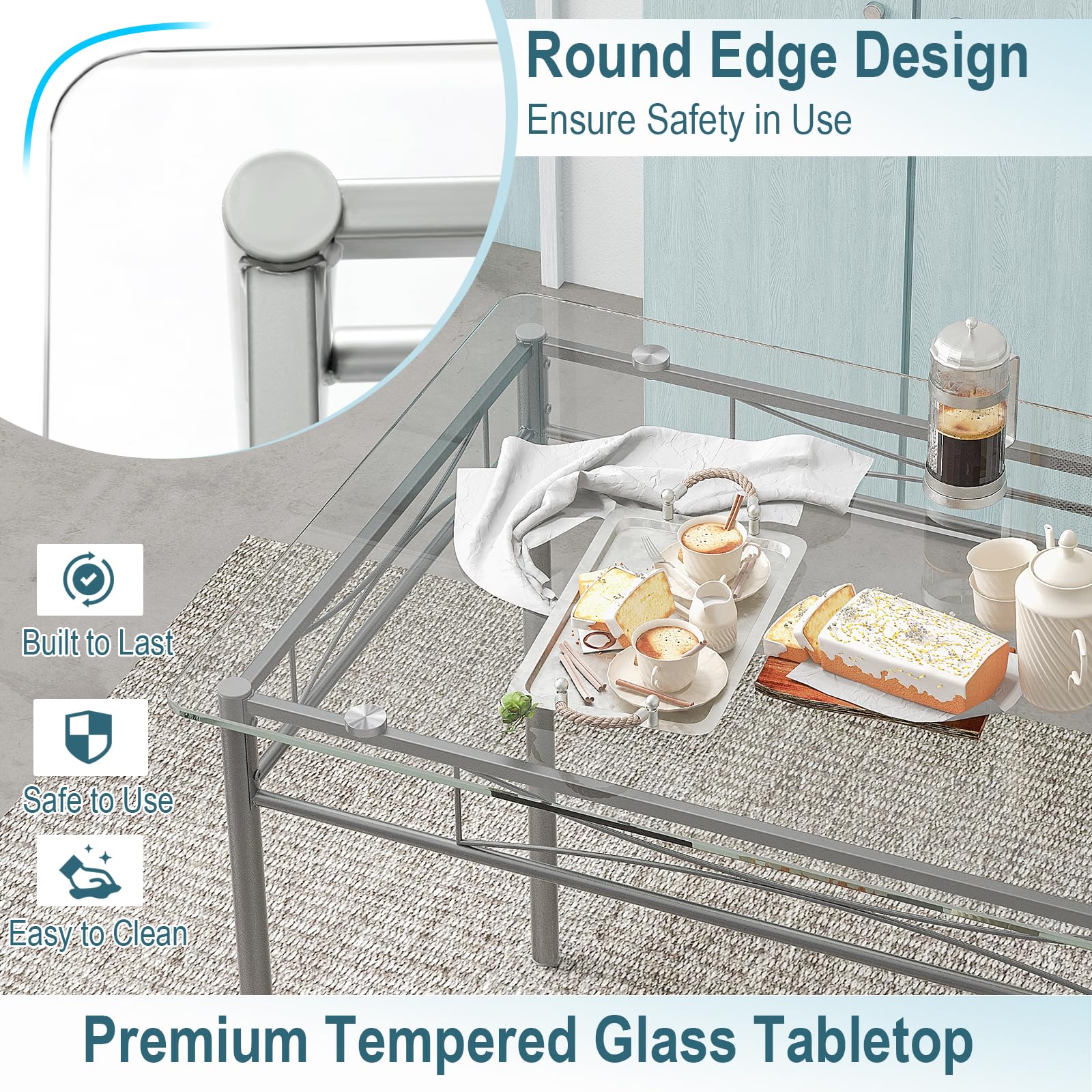 5 Piece Dining Table Set, Kitchen Dining Set with Tempered Glass Table Top and 4 Chairs