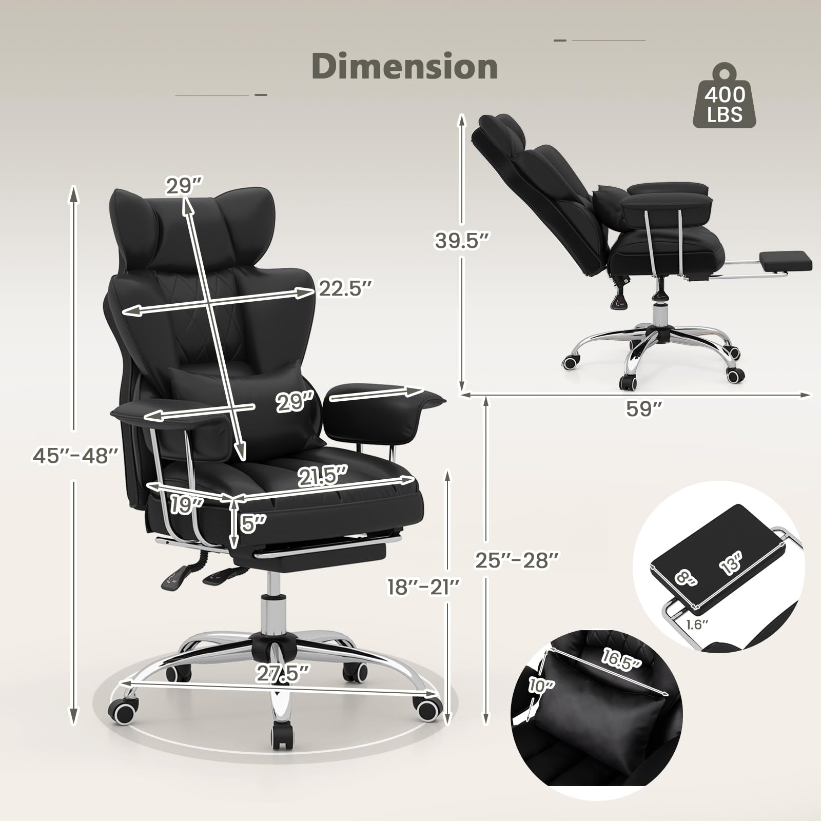 400 LBS Big and Tall Office Chair, PU Leather Executive Desk Chair w/Retractable Footrest