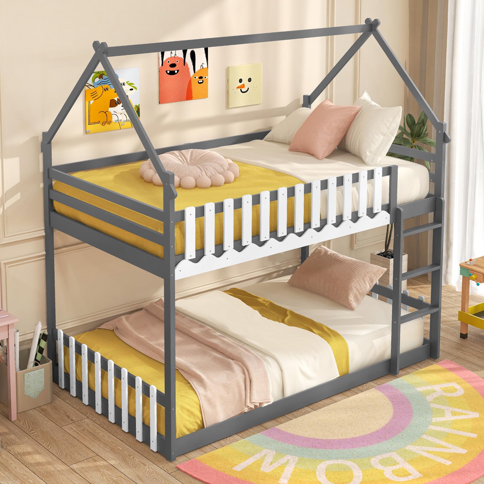 Wood Twin Over Twin House Bunk Bed, Solid Wood Low Bunk Bed with Ladder, Safety Guardrails & Fences