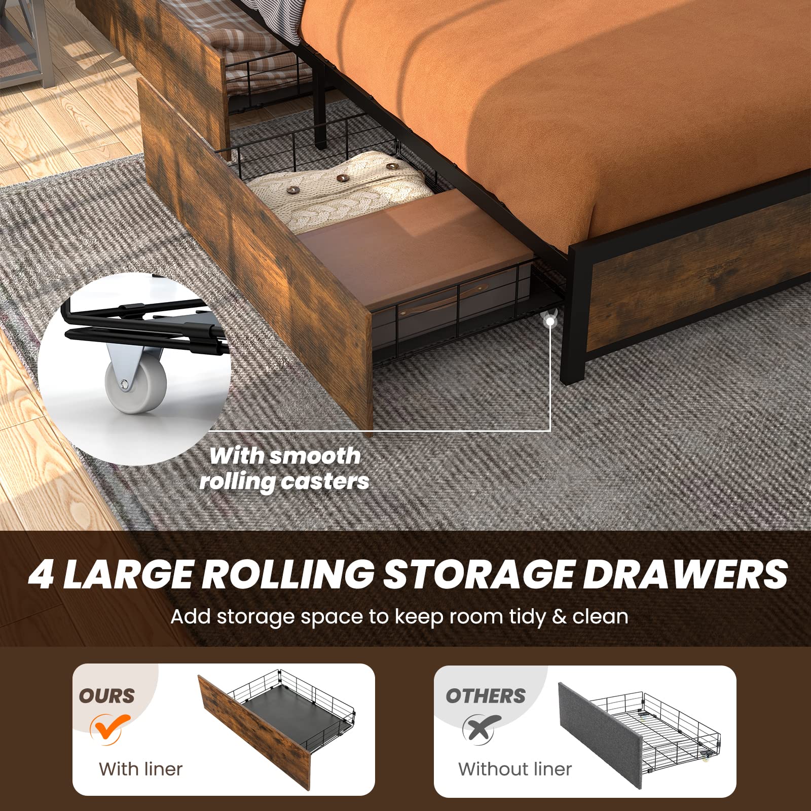 Metal Bed Frame with LED Lights Headboard and 4 Storage Drawers, Outlets and USB Ports Charging Station