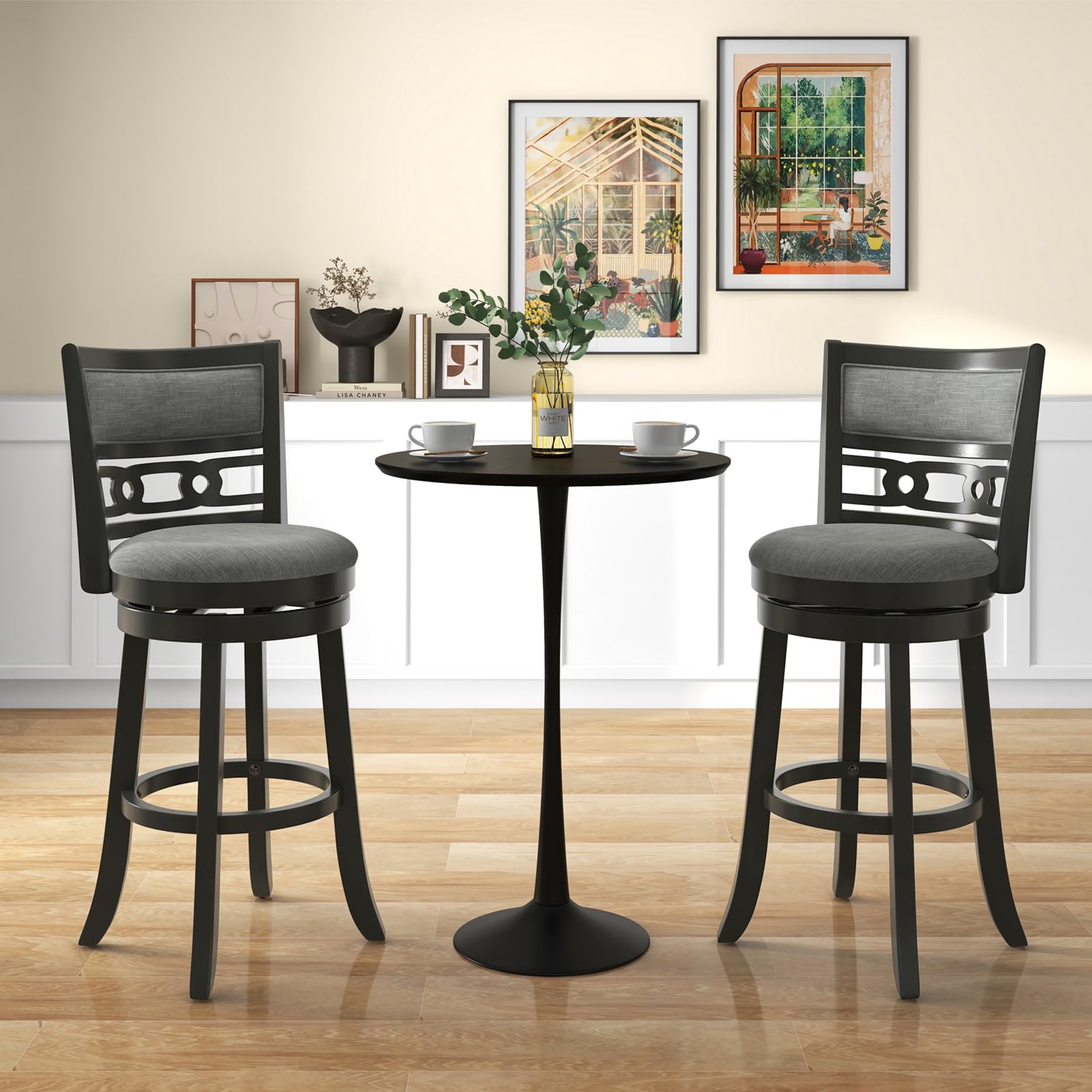 Upholstered Bar Height Bar Chair with Wooden Frame, Swivel Seat & Footrest