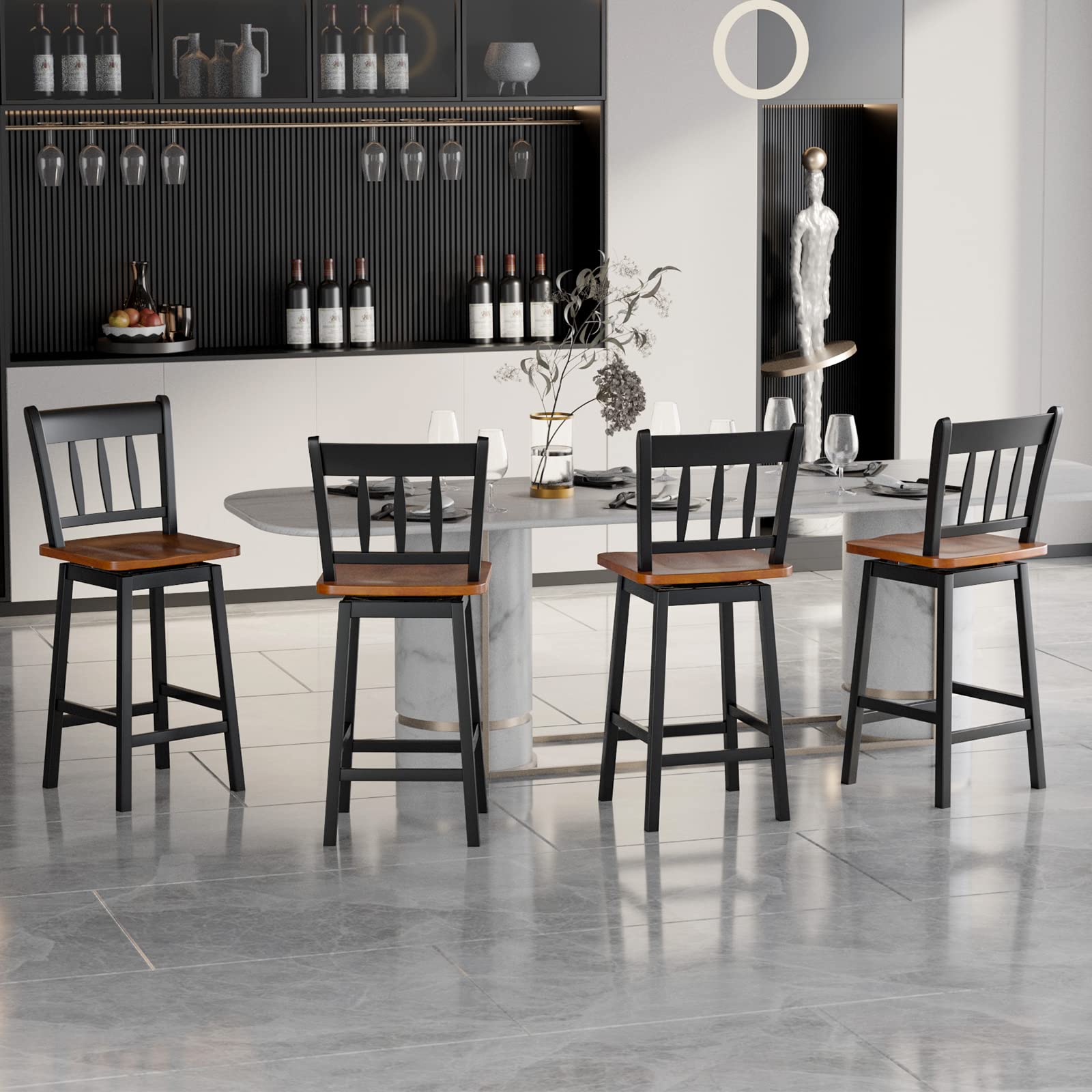 24.5 Inch Solid Rubber Wood Bar Stools Set of 2/4 with 360 &deg;Swiveling, Footrest
