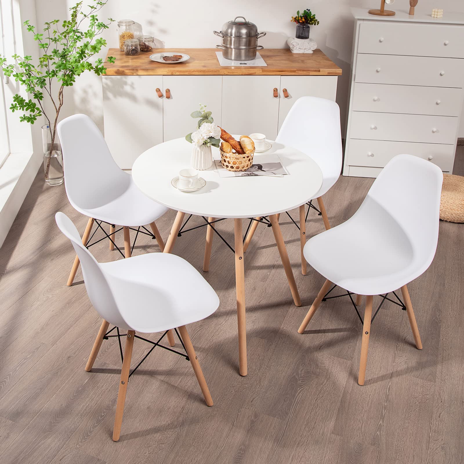 Round Dining Table Set for 4, Modern 31.5" D Dining Table & 4 Dining Chairs with Solid Wood Legs