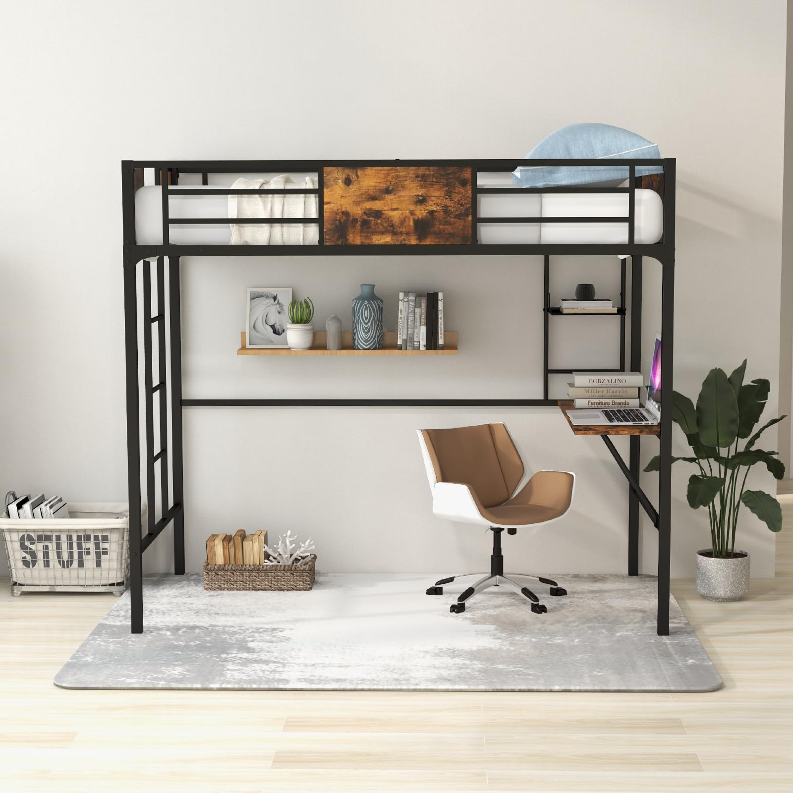 Metal Twin Loft Bed with Desk and Storage Shelf