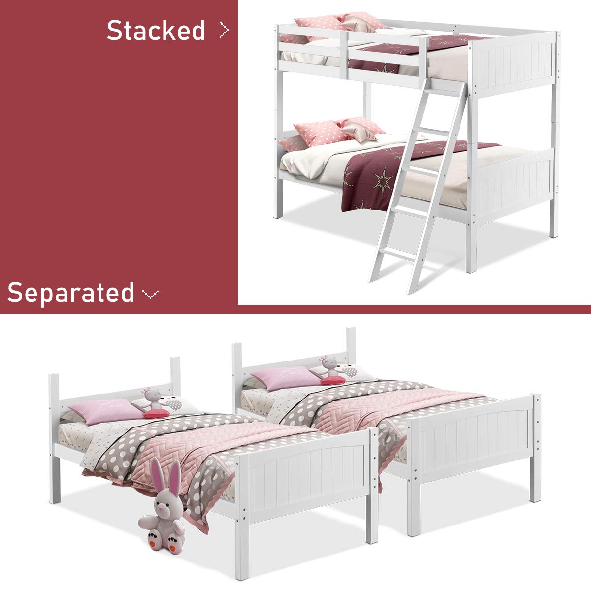 Wood Twin Over Twin Bunk Beds, Convertible 2 Individual Twin Beds for Kids Children