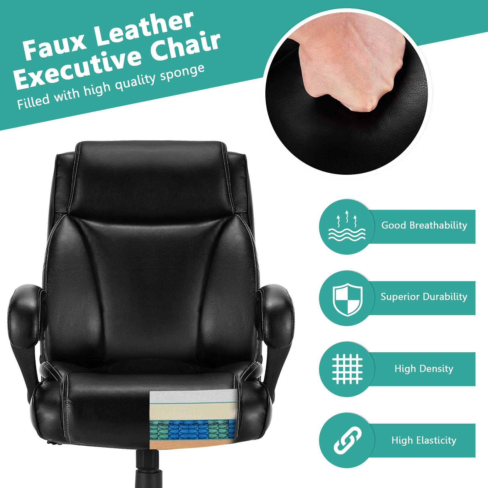 Big and Tall Leather Adjustable Swivel Executive Office Chair with Armrest and Lumbar Support