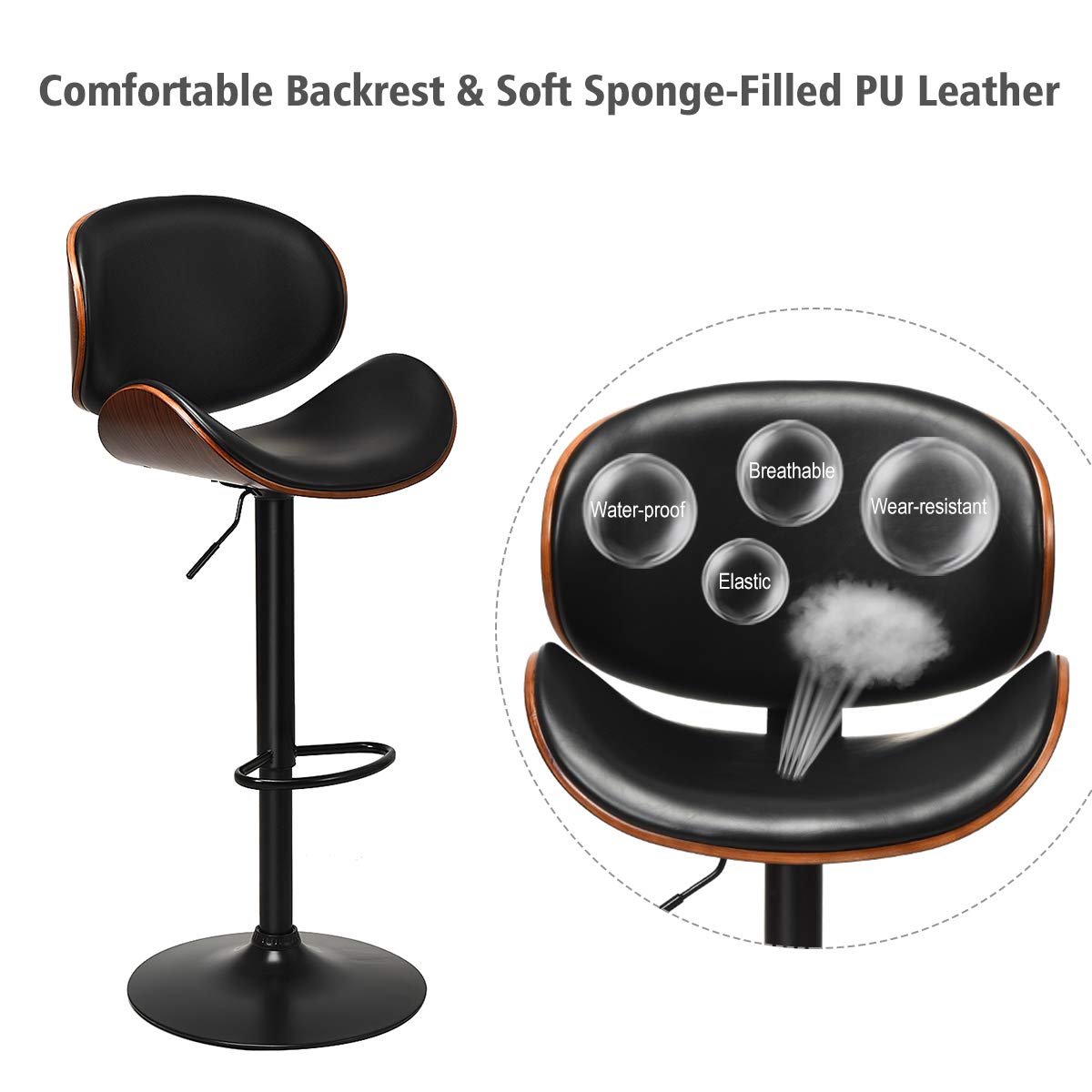 Bar Stools Set of 2/4, Adjustable Swivel Bentwood Barstools with Back, Large Iron Base, 360 Degree PU Leather Seat and Curved Footrest
