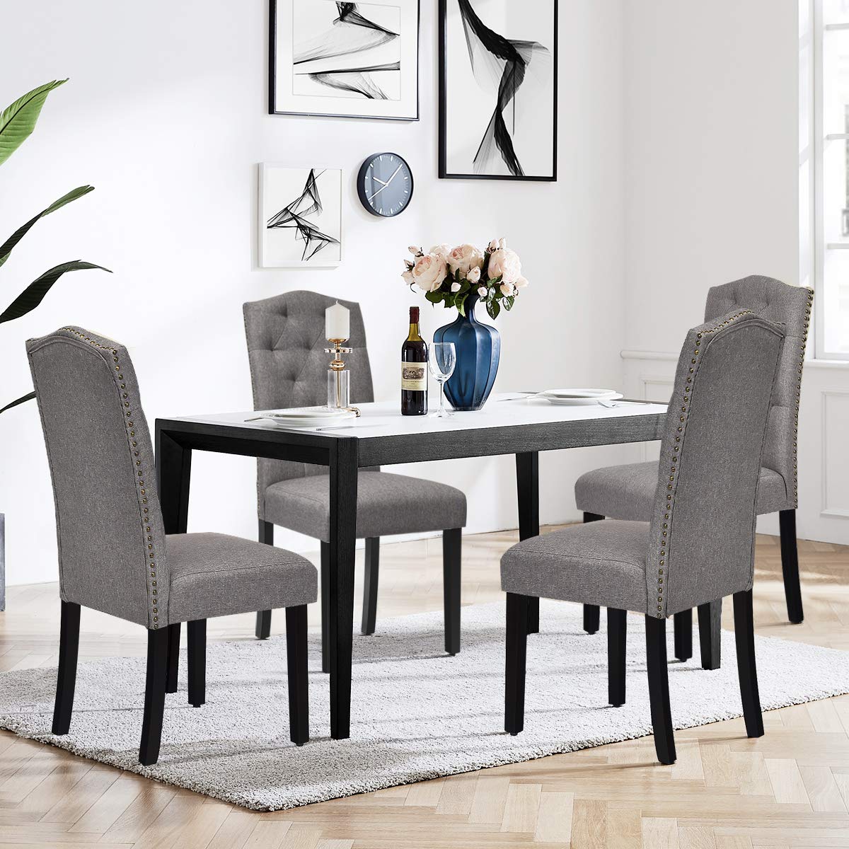 Set of 2/4 Tufted Fabric Dining Chairs with Padded Seat and Tall Backrest