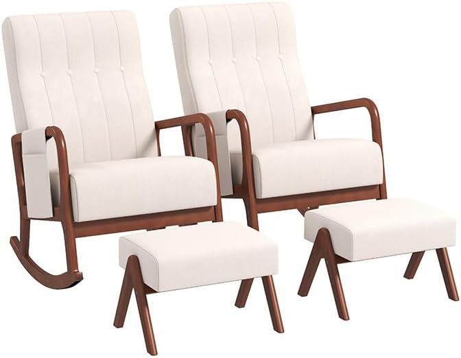 Nursery Rocking Chair with Ottoman, Upholstered Rocker Chair with Side Pocket