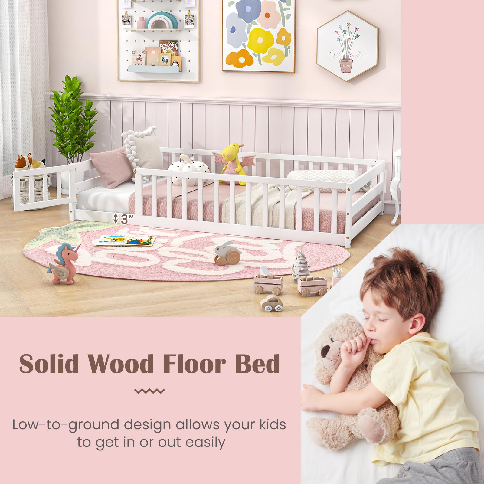 Twin Floor Bed with Door & Fence, Kids Wood Montessori Bed with Safety Guardrails