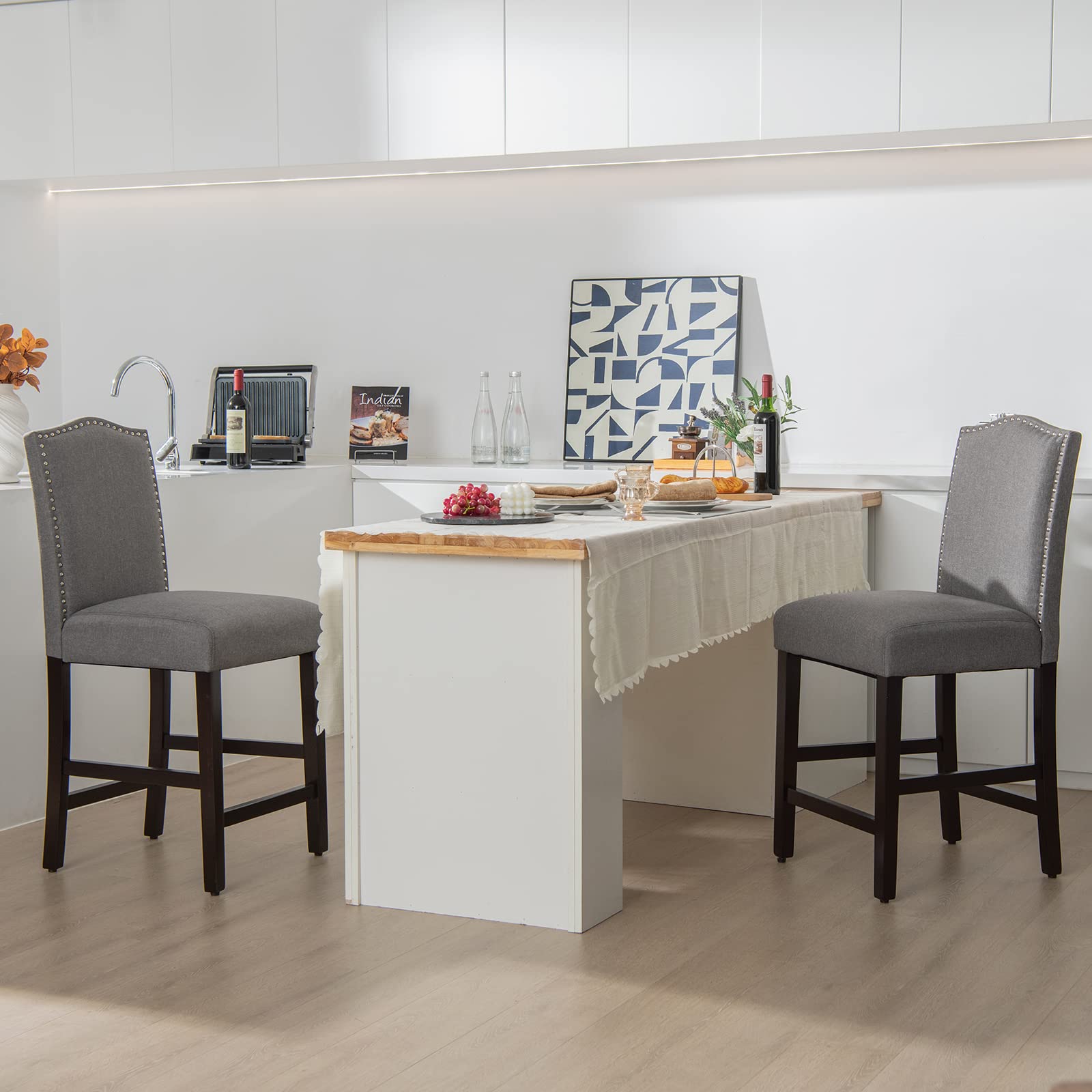 Bar Stools Set of 2/4, Counter Height Bar Dining Chairs with Rubber Wood Legs, Footrest