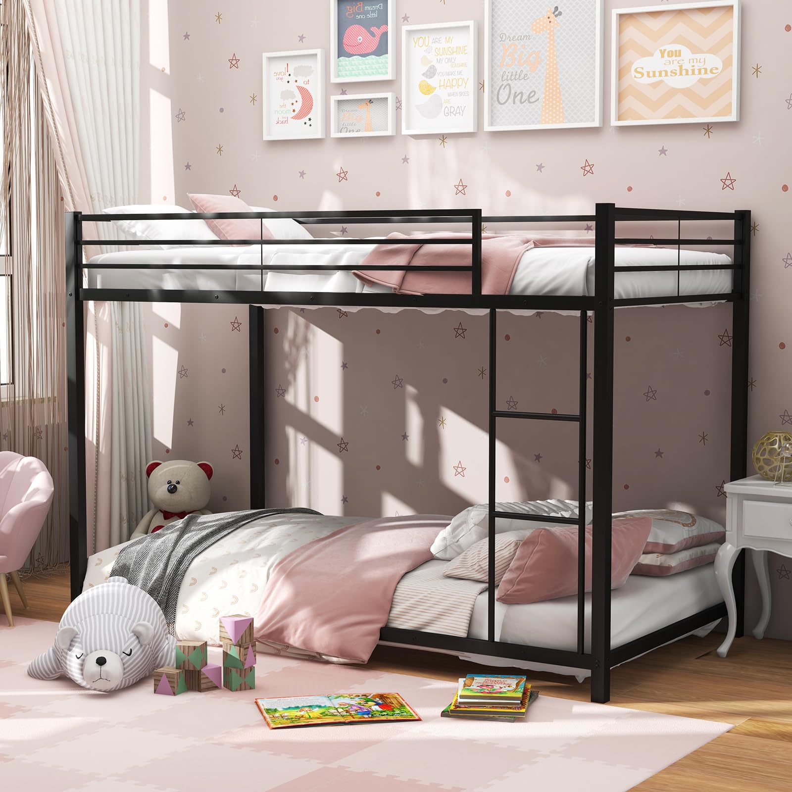 Twin Over Twin Metal Low Profile Bunk Bed with Safety Guard Rails & Side Ladder