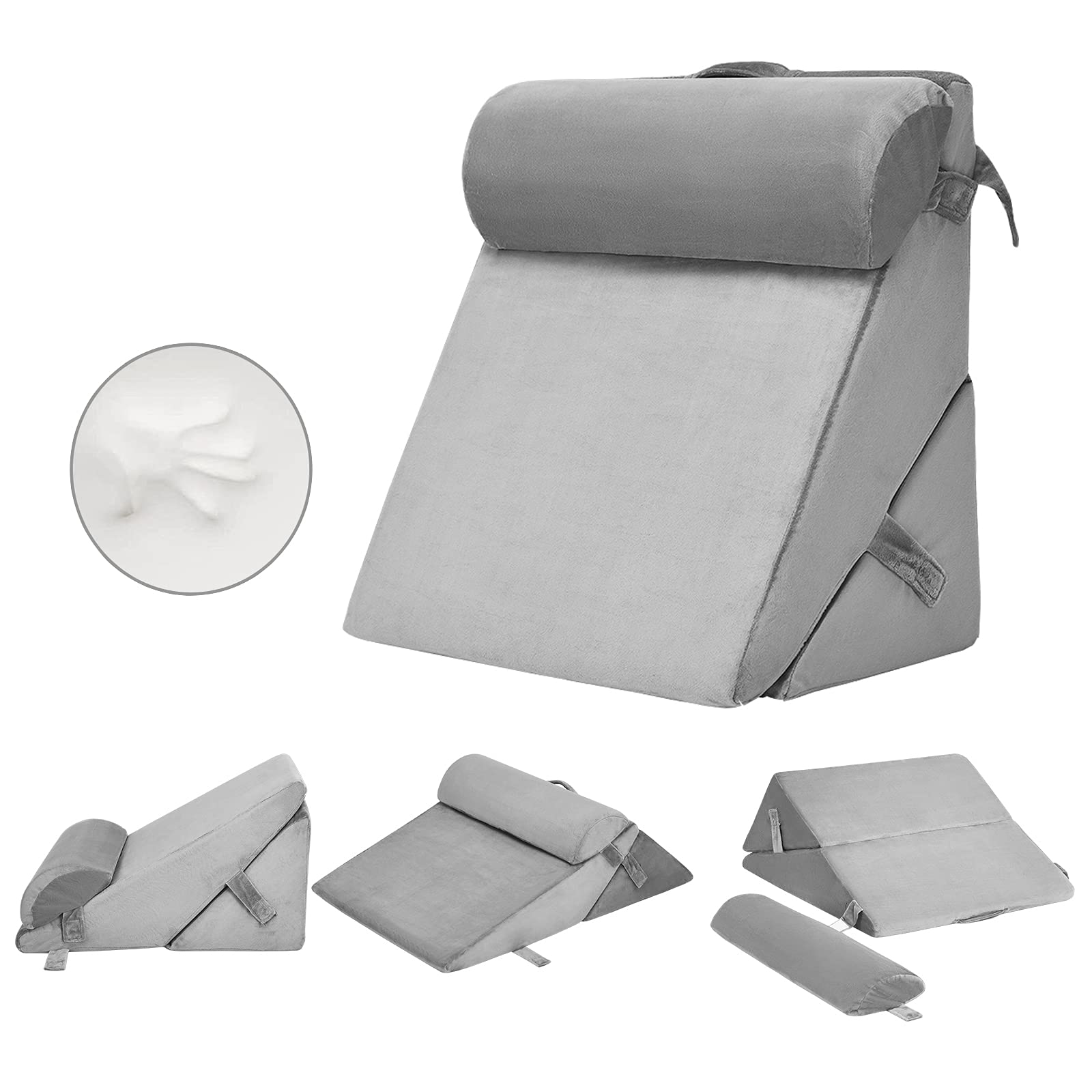 Bed Wedge Pillow with Adjustable Back Support Detachable Headrest, Memory Foam Fill, Soft Washable Cover