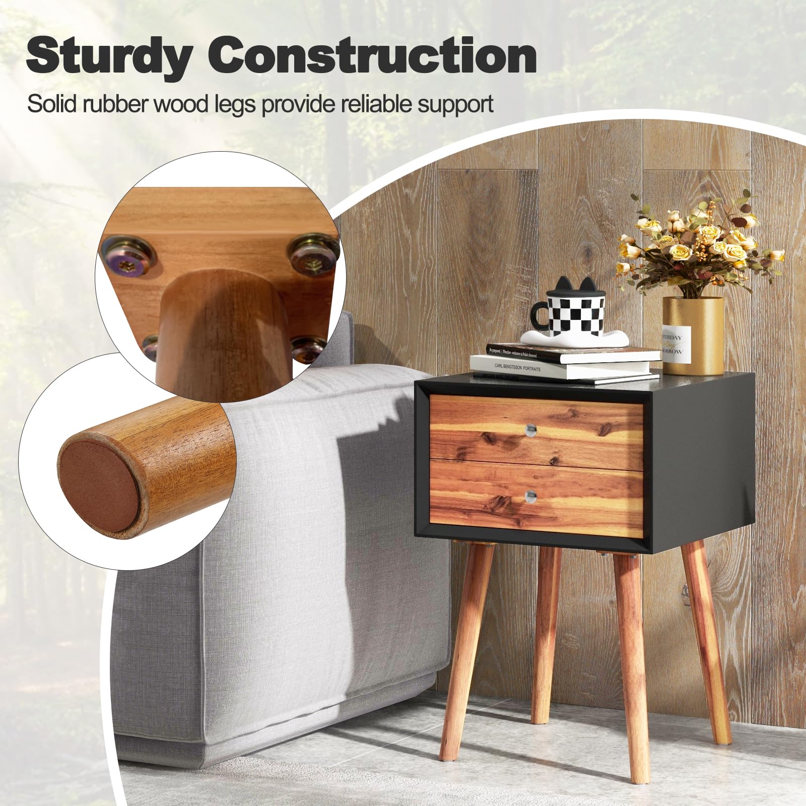 2-Drawer Nightstand, Mid-Century Modern Bed Side Table with Storage