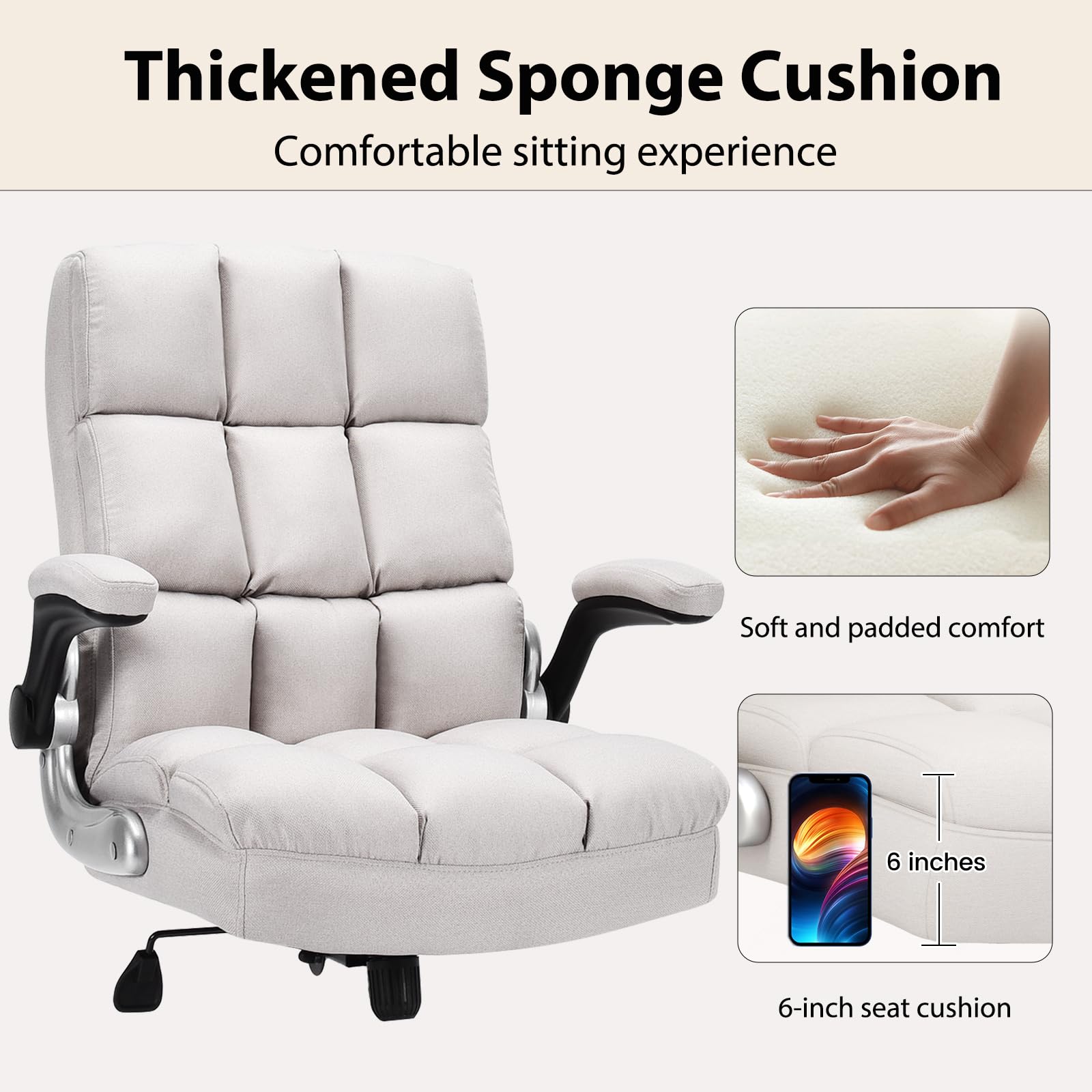 Executive Office Chair, Adjustable Tilt Angle and Flip-up Armrest Linen Fabric Upholstered Chair with Thick Padding