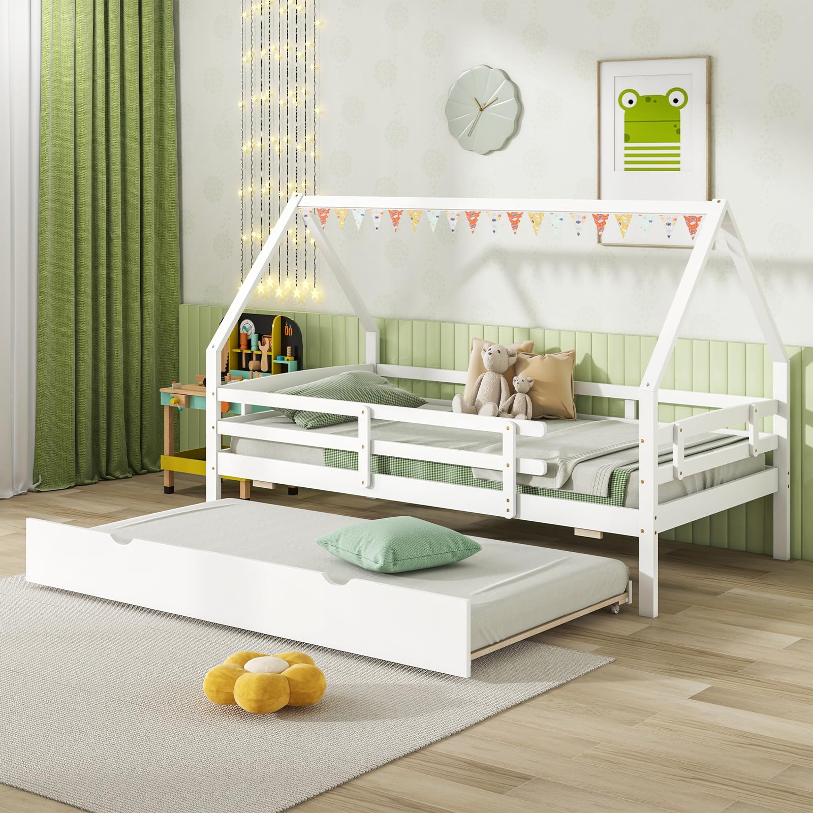 House Bed with Trundle Wood Bed Frame with Safety Rails & Roof