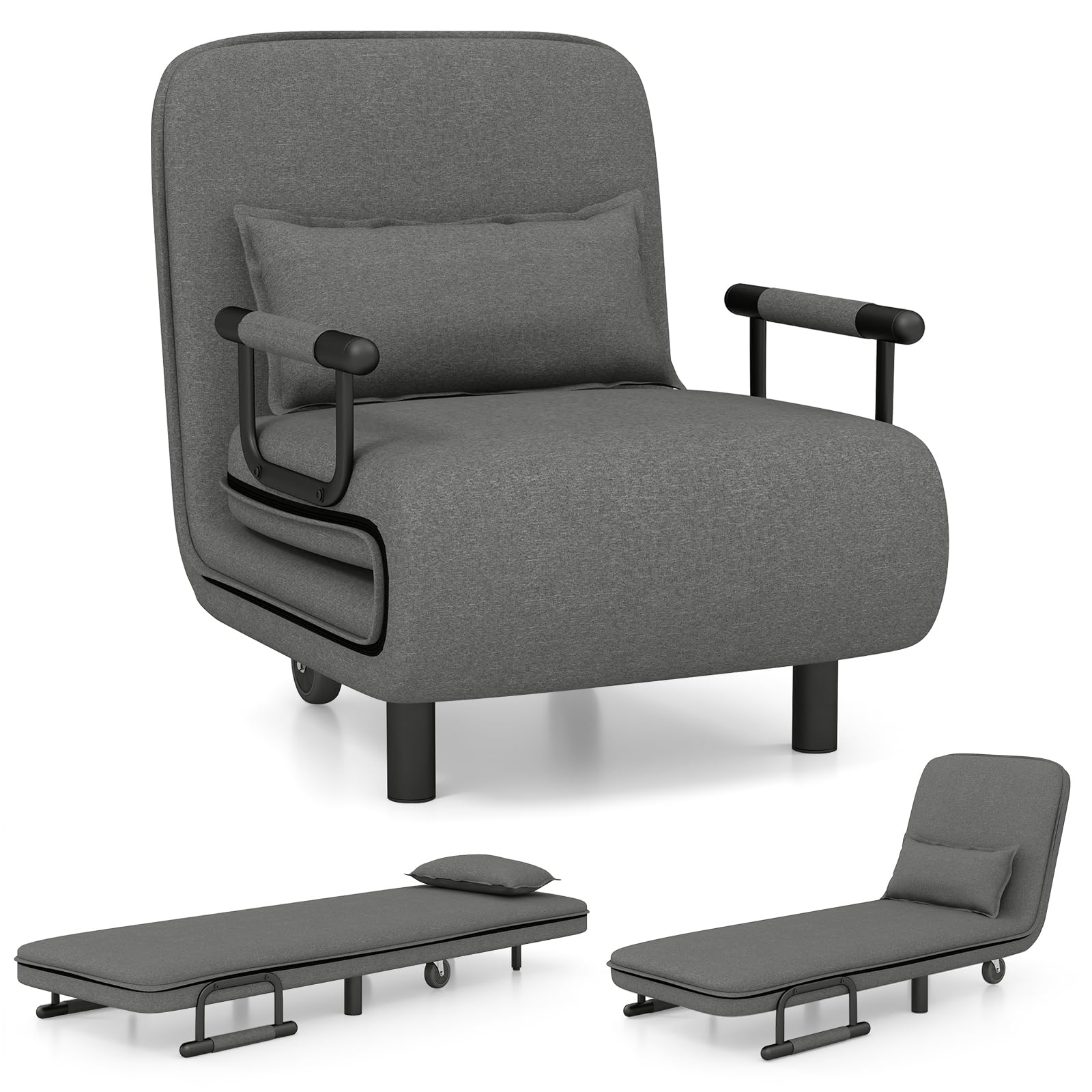 Convertible Chair Bed with 5-Position Adjustable Backrest & Lumbar Pillow, 2 Hidden Metal Legs & 2 Lockable Casters