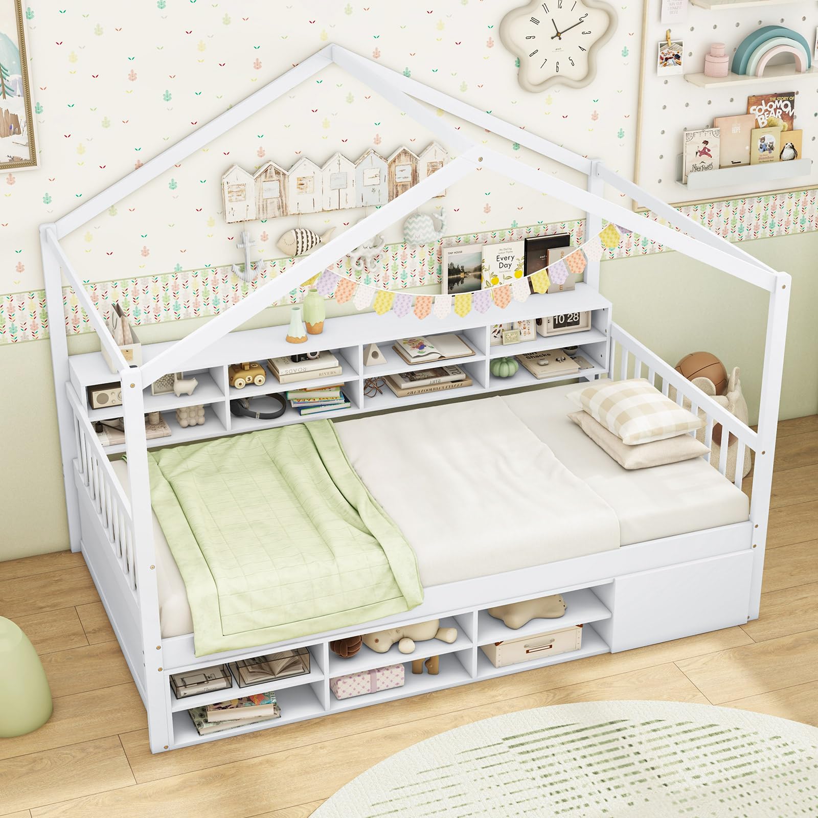 Twin Size House Bed with Storage, Wooden Montessori House Bed with 14 Storage Cubes, Enclosed Cabinet, Wood Slats & Fencing