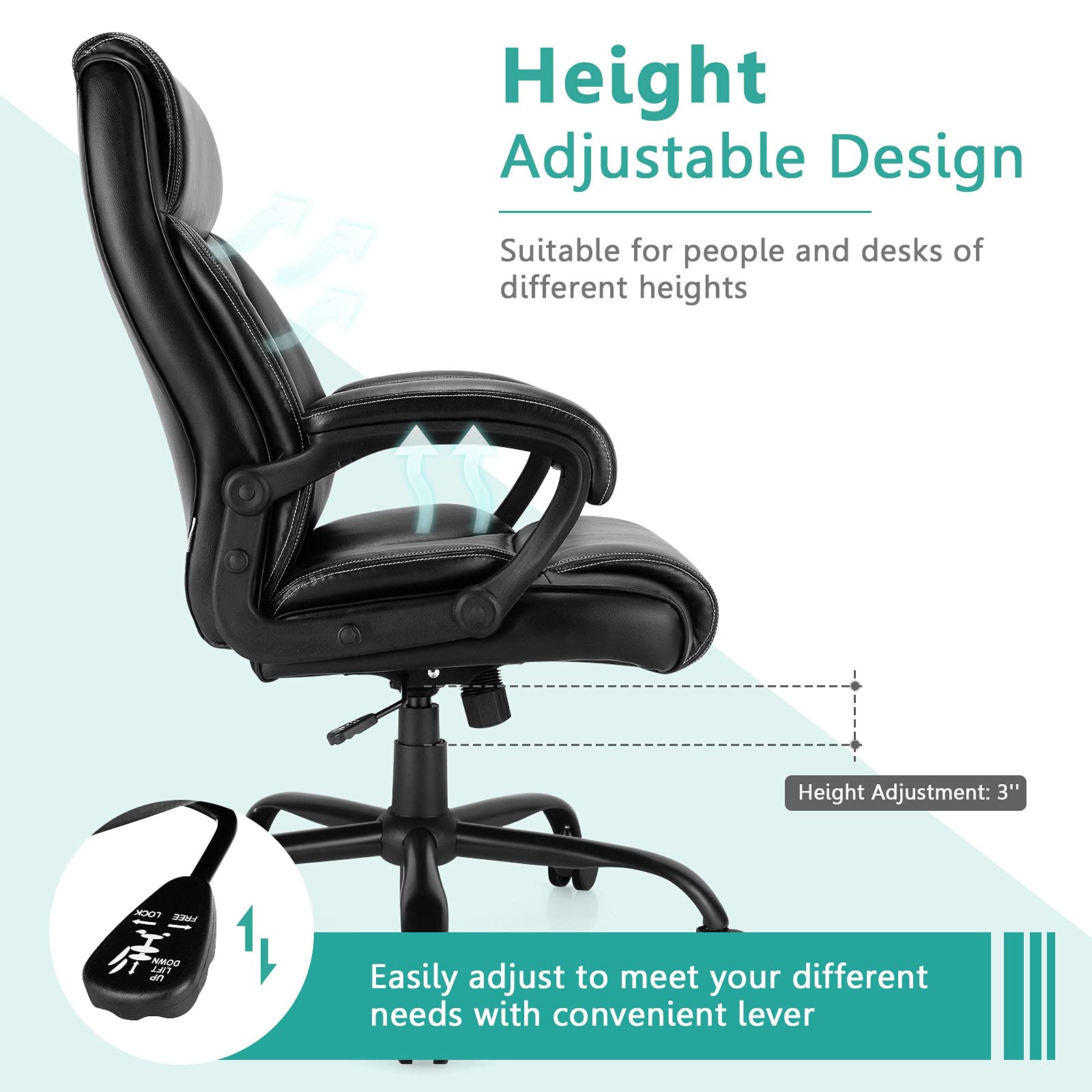 Big and Tall Leather Adjustable Swivel Executive Office Chair with Armrest and Lumbar Support