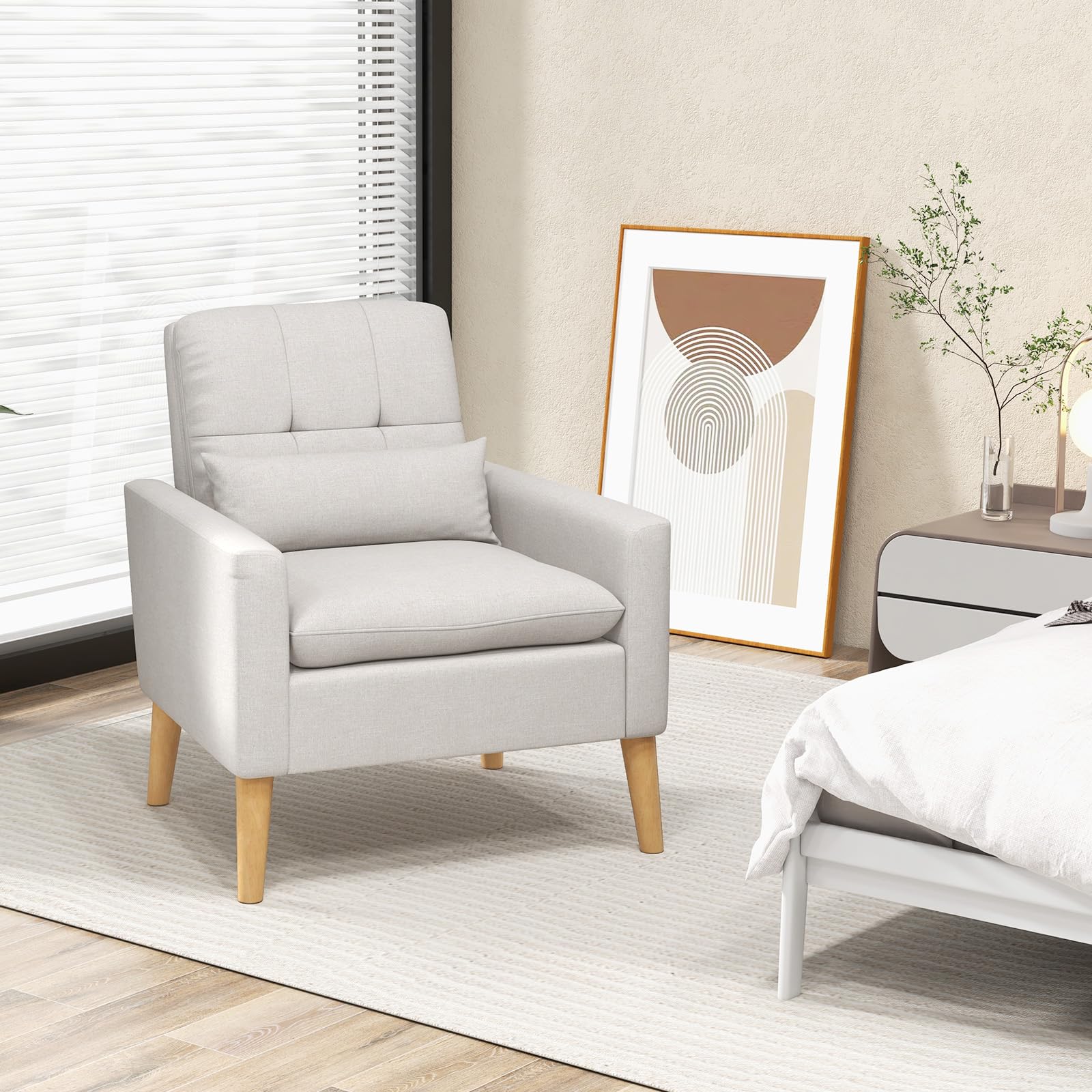 Modern Linen Accent Chair, Upholstered Tufted Armchair with Lumbar Pillow, Rubber Wood Legs, Padded Cushion