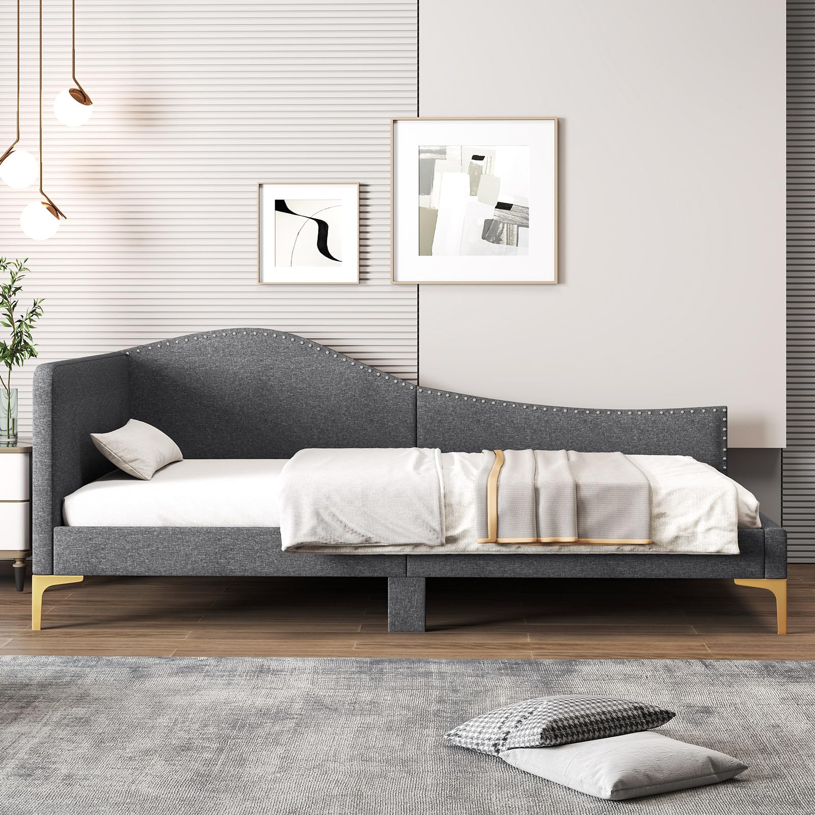 Rivet-Tufted Platform Bed Frame with Headboard, Metal Legs & Wood Slats, L-Shaped Corner Sofa Bed