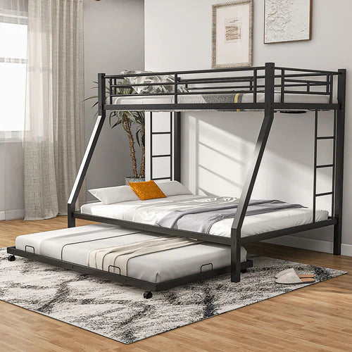 Twin Over Full Heavy-Duty Metal Bunk Bed with Trundle, Guardrail & 2 Ladders