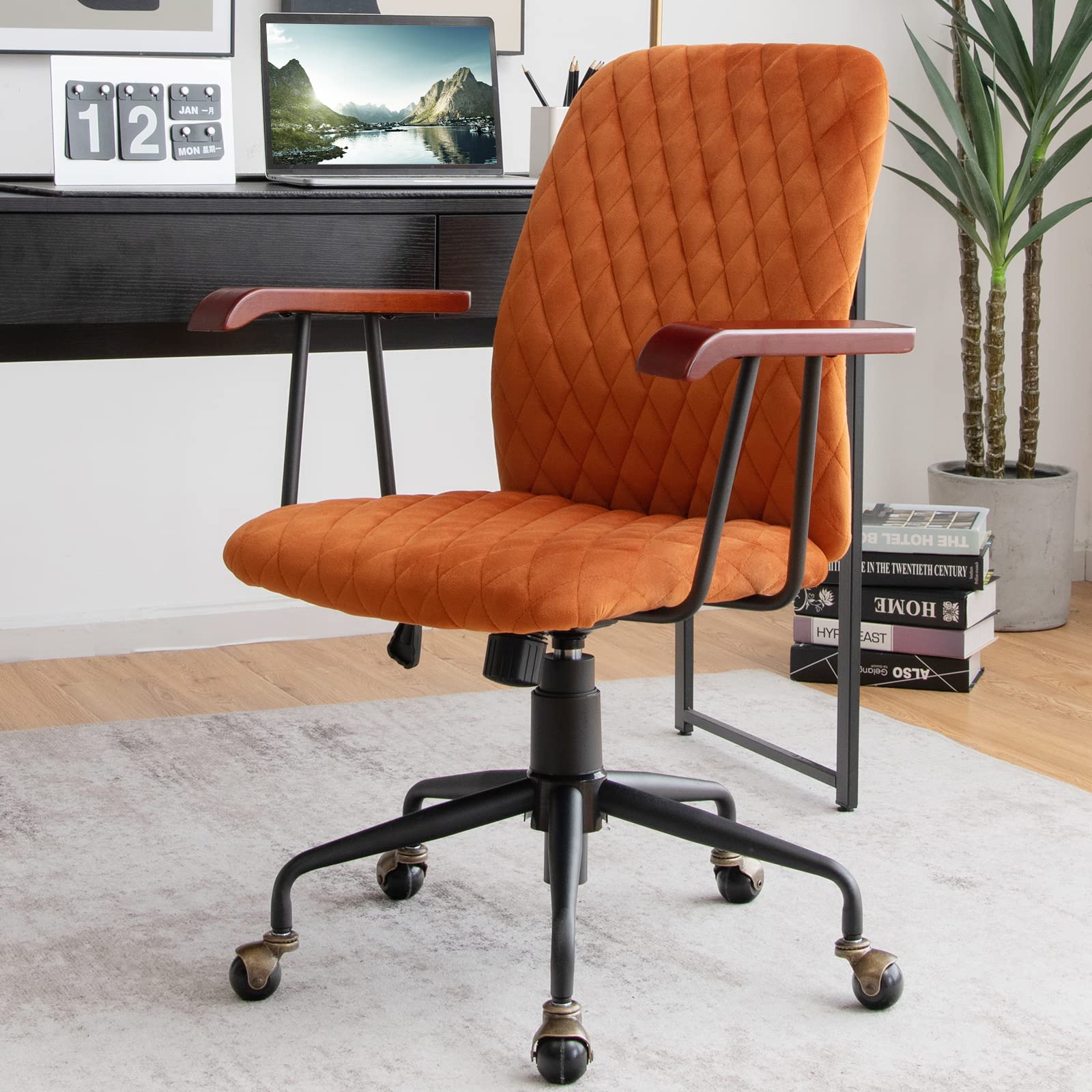 Home Office Desk Chair, Vintage Adjustable Swivel Rolling Chair with Copper Wheels & Armrest