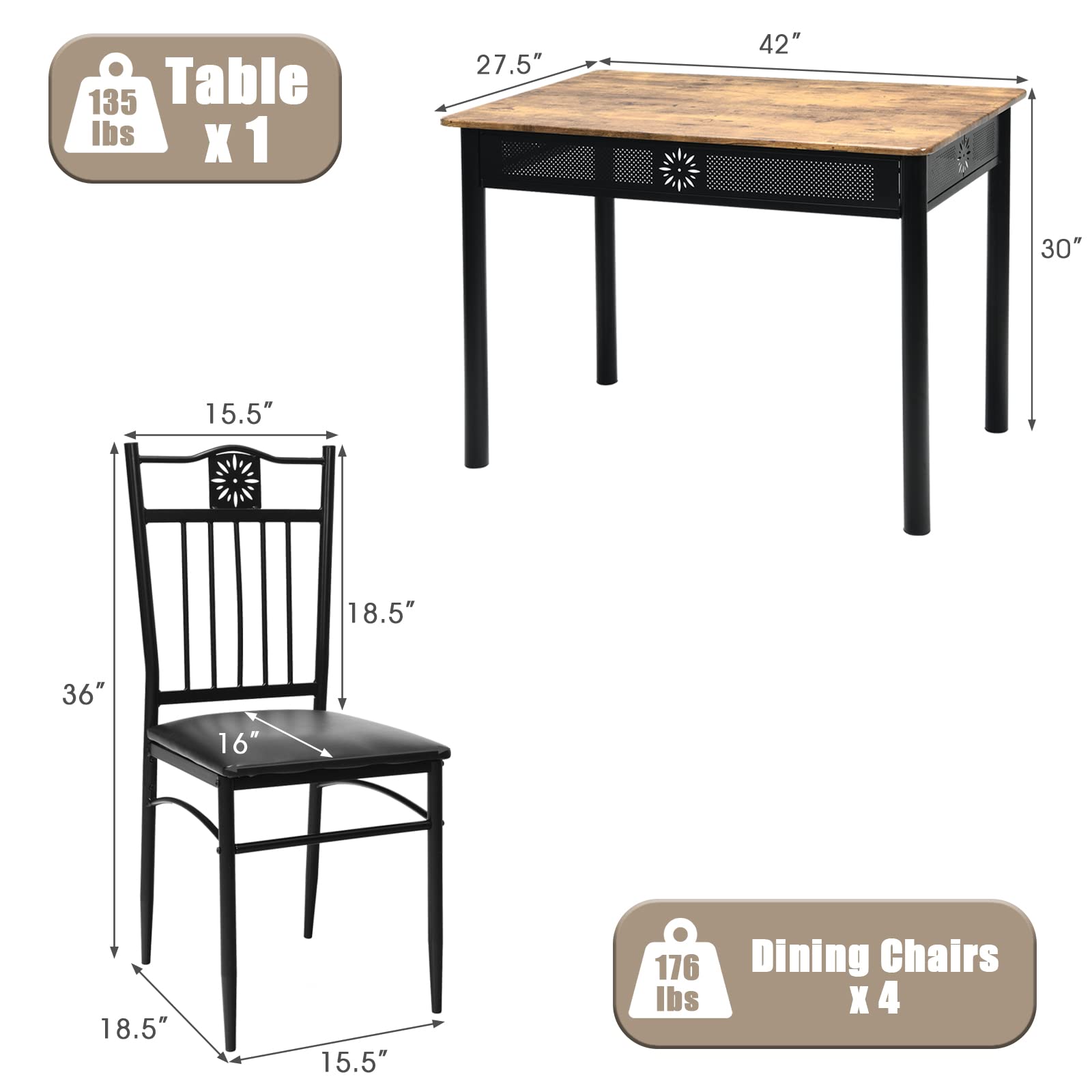 5 Piece Dining Table and Chairs Set, Vintage Retro Wood Top Metal Frame Padded Seat