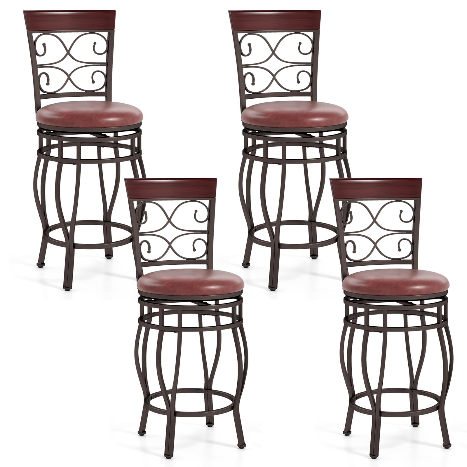 Swivel Bar Stools Set of 2/4, Counter Height Bar Stools with Back, Upholstered PU Leather Seat, Footrest