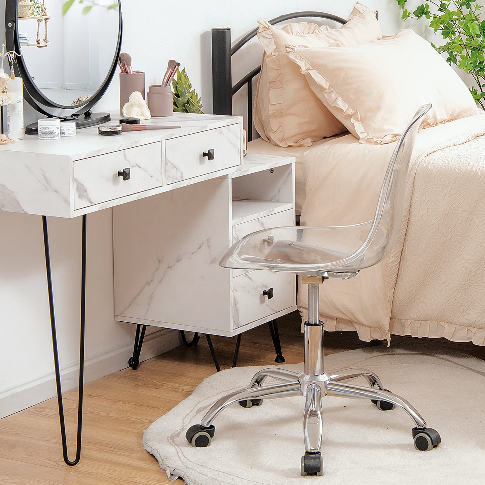 Acrylic Clear Desk Chair, Armless Swivel Vanity Ghost Plastic Chair with Sturdy Metal Base & Smooth Wheels