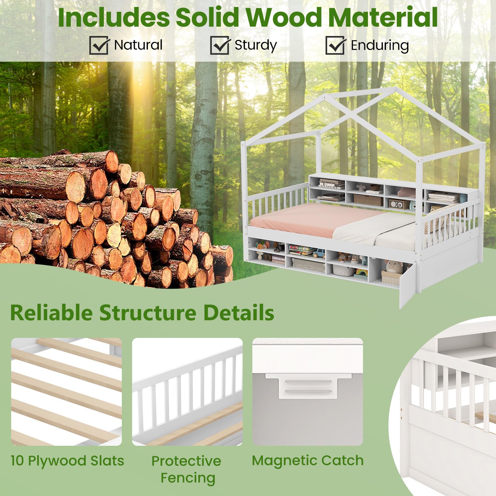 Twin Size House Bed with Storage, Wooden Montessori House Bed with 14 Storage Cubes, Enclosed Cabinet, Wood Slats & Fencing