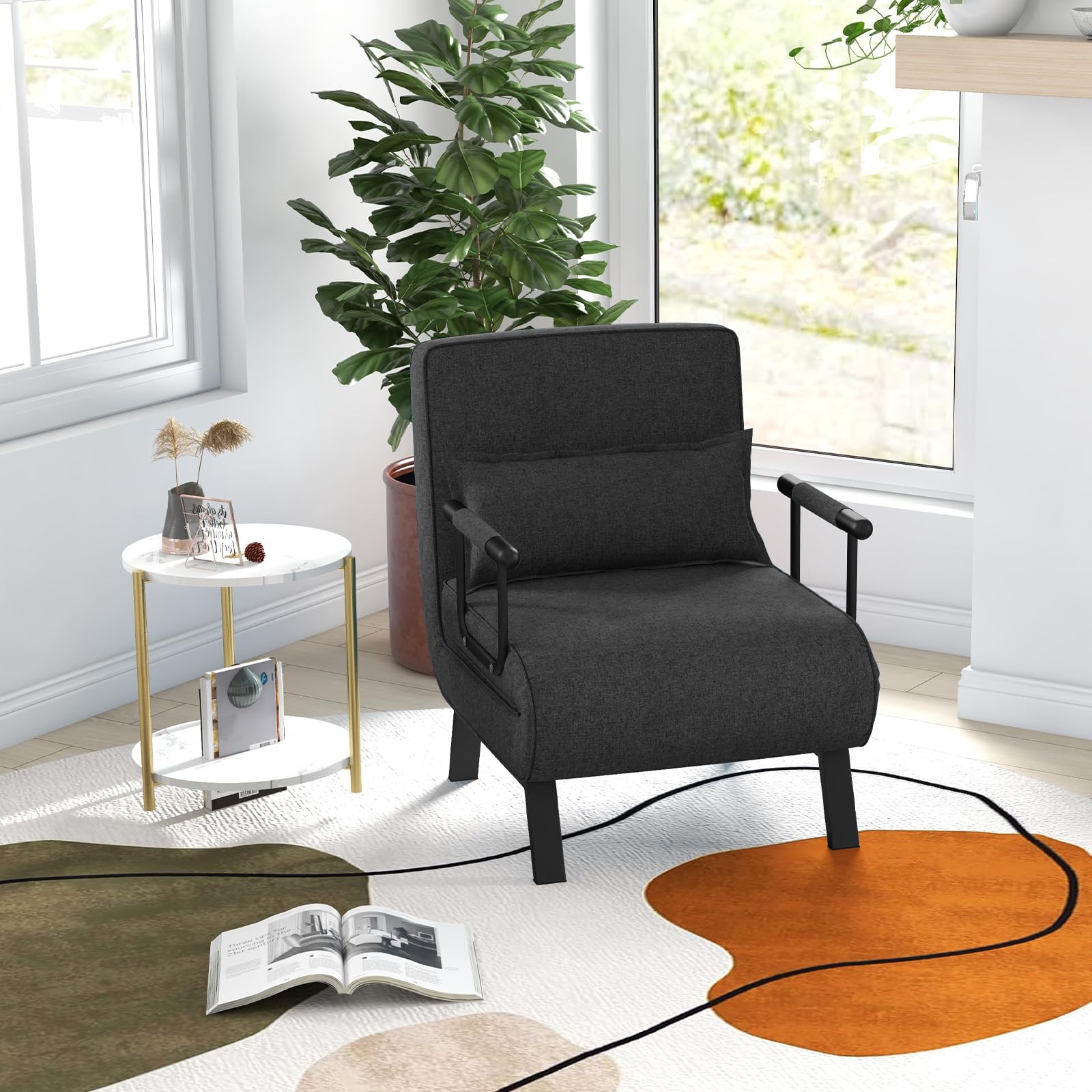 Convertible Upholstered Sleeper Chair Bed with Pillow, 4-in-1 Folding Sofa Bed with 6-Position Adjustable Backrest