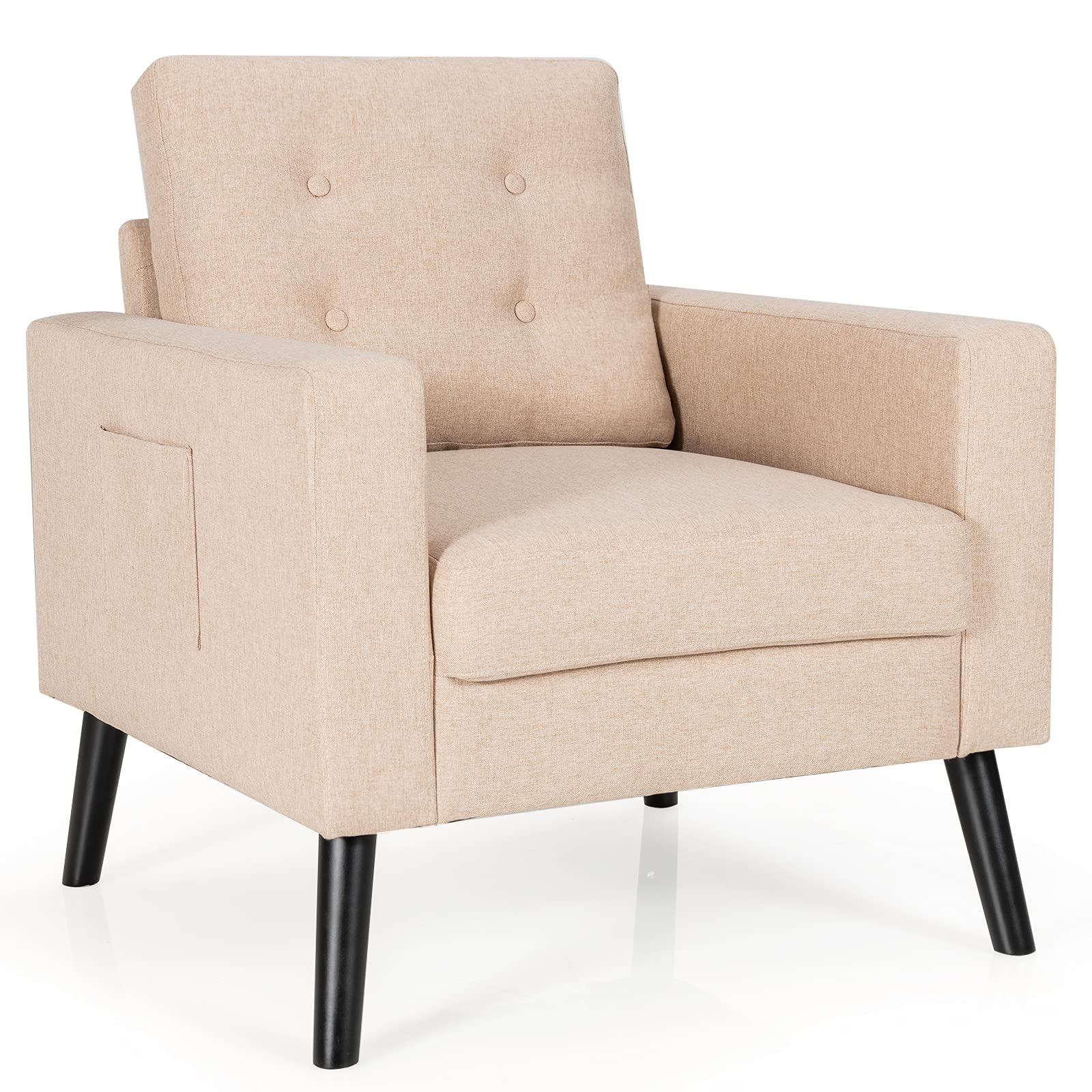 Modern Accent Chair, Mid-Century Upholstered Armchair Club Chair with Rubber Wood Legs