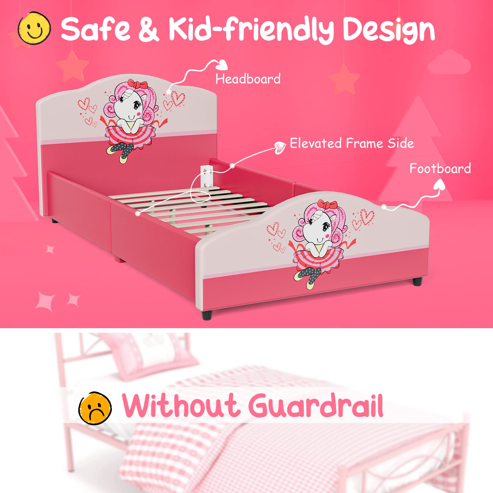 Kids Twin Bed Frame with Headboard, Toddler Upholstered Platform Bed with Slatted Bed Base