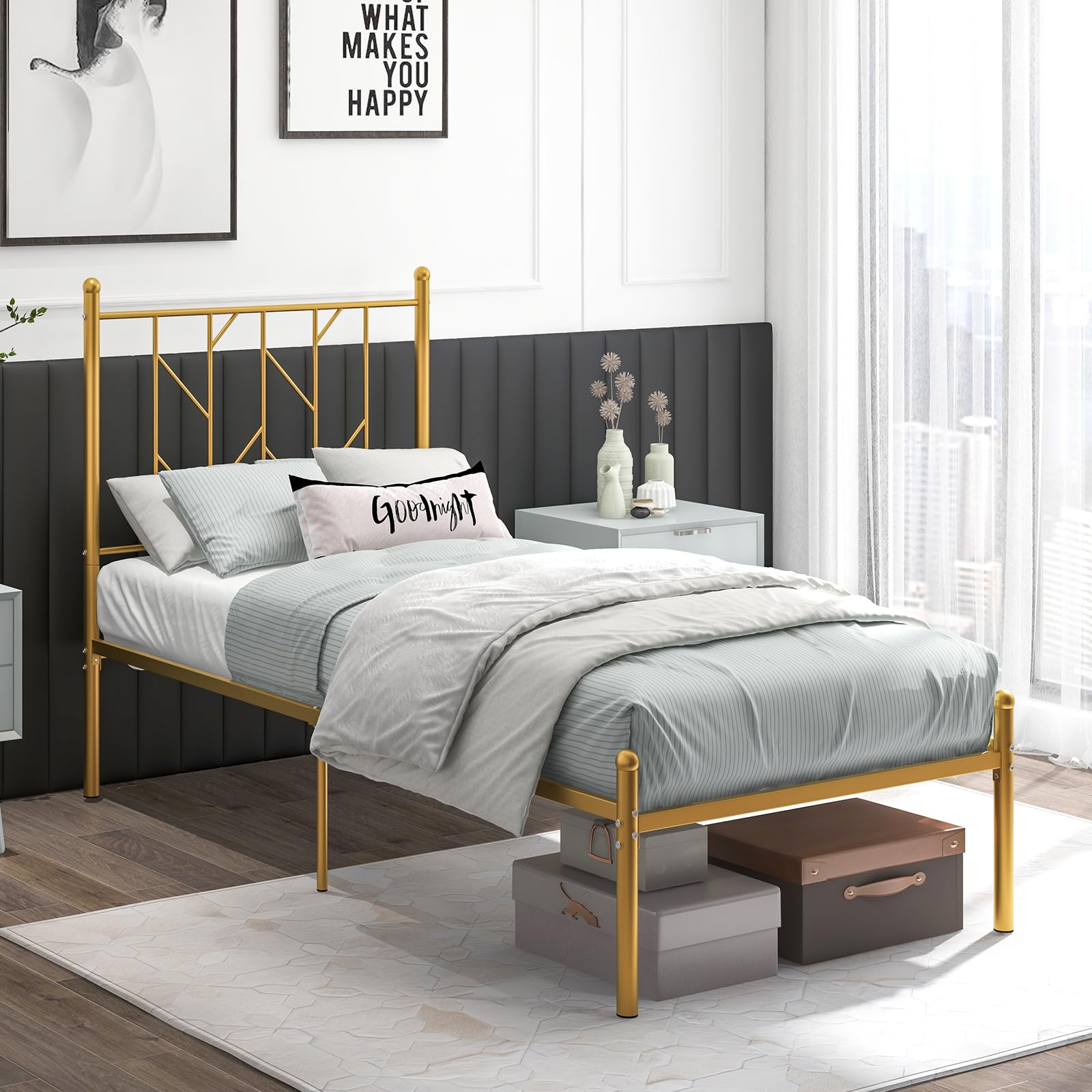 Metal Bed Frame with Victorian Style Headboard, 14 Metal Slats Support