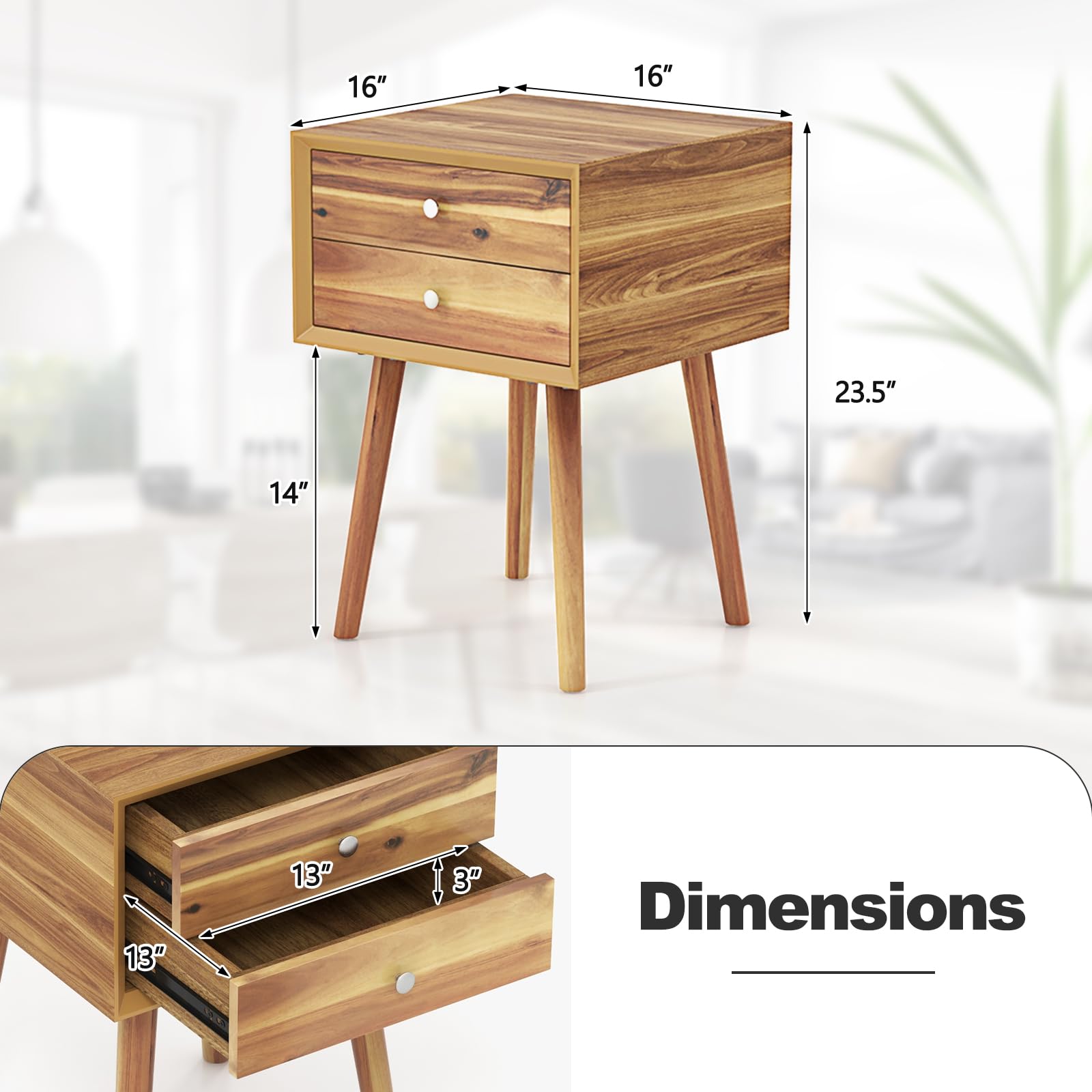 2-Drawer Nightstand, Mid-Century Modern Bed Side Table with Storage