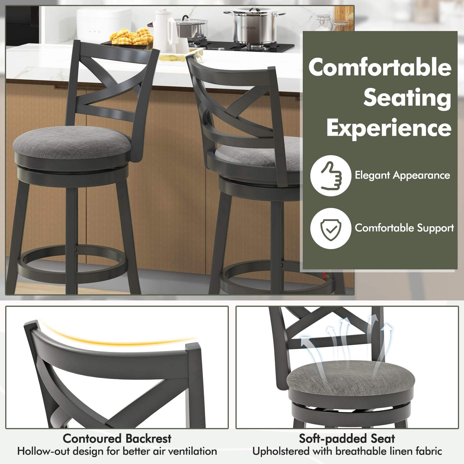 Wood Swivel Bar Stools Set of 2/4, Counter Height Swivel Chairs with Hollow Back & Soft-Padded Seat