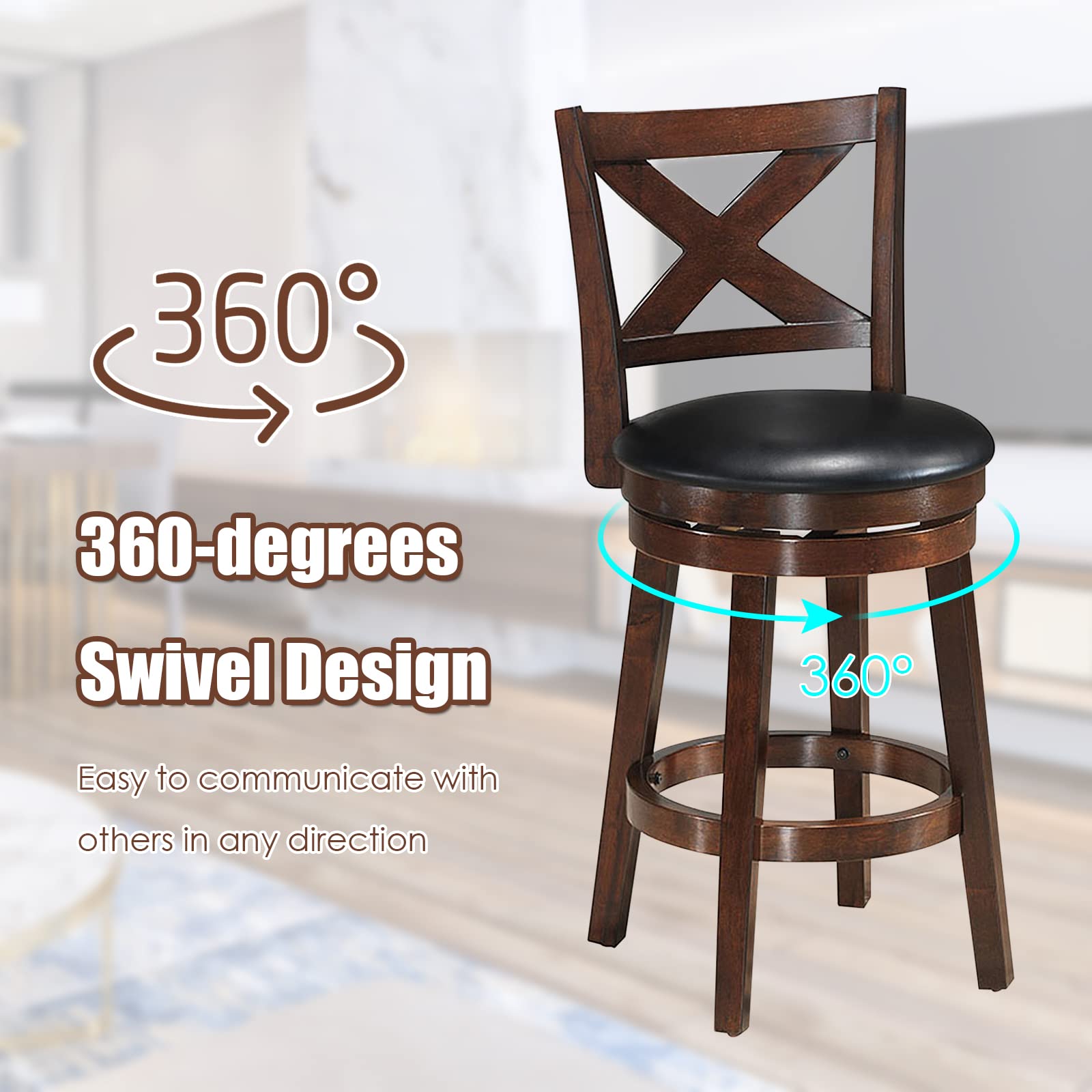 Bar Stools, Counter Height Dining Chair, Fabric Upholstered 360 Degree Swivel, PVC Cushioned Seat