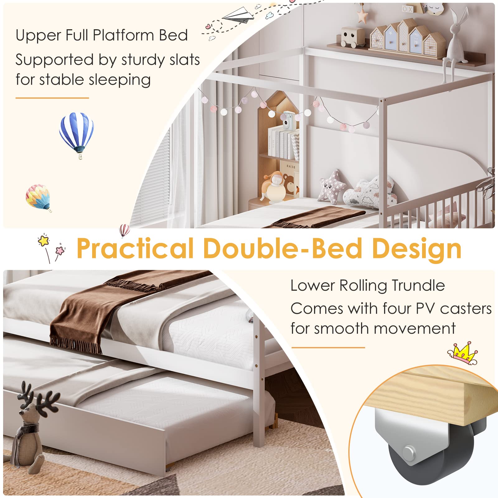 Wood Canopy Bunk Bed with Trundle, Full Size Solid Wood Platform Bed with Headboard