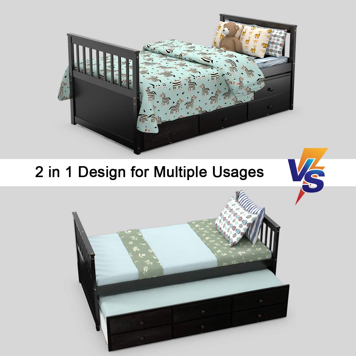 Twin Captain&rsquo;s Bed with Trundle Bed, Wood Storage Daybed with 3 Storage Drawers