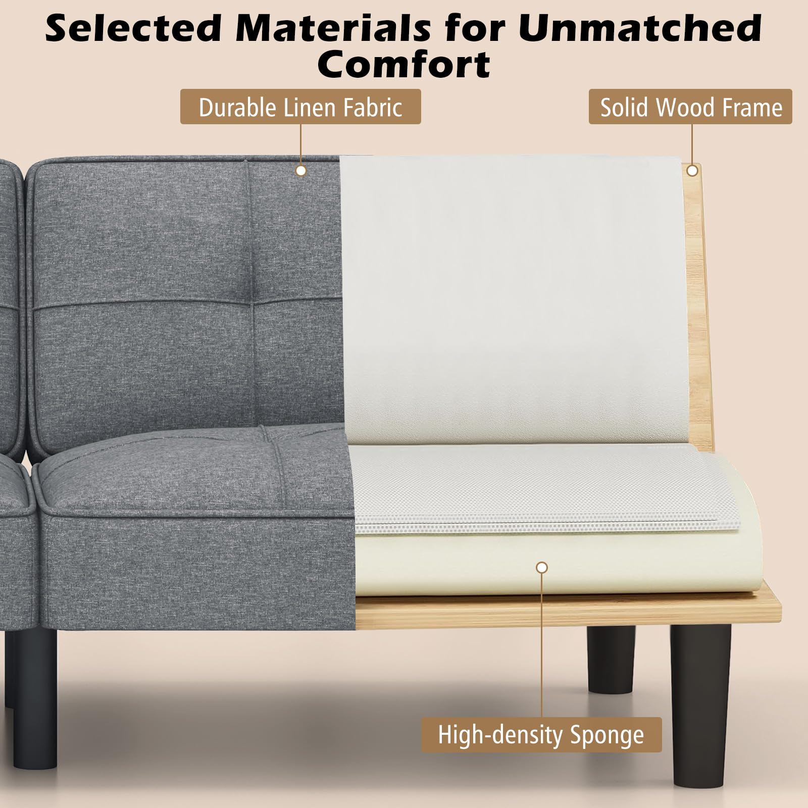Convertible Futon Sofa Bed, Upholstered Folding Linen Sleeper Couch with 6-Position Adjustable Backrest