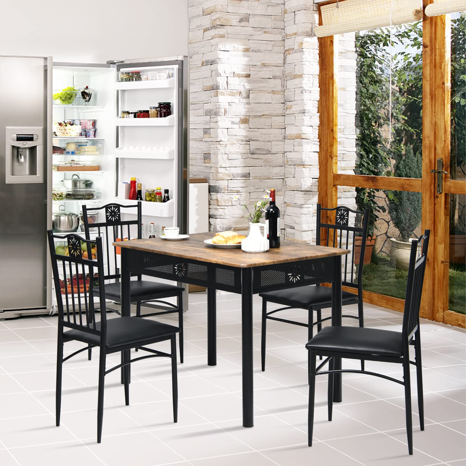 5 Piece Dining Table and Chairs Set, Vintage Retro Wood Top Metal Frame Padded Seat