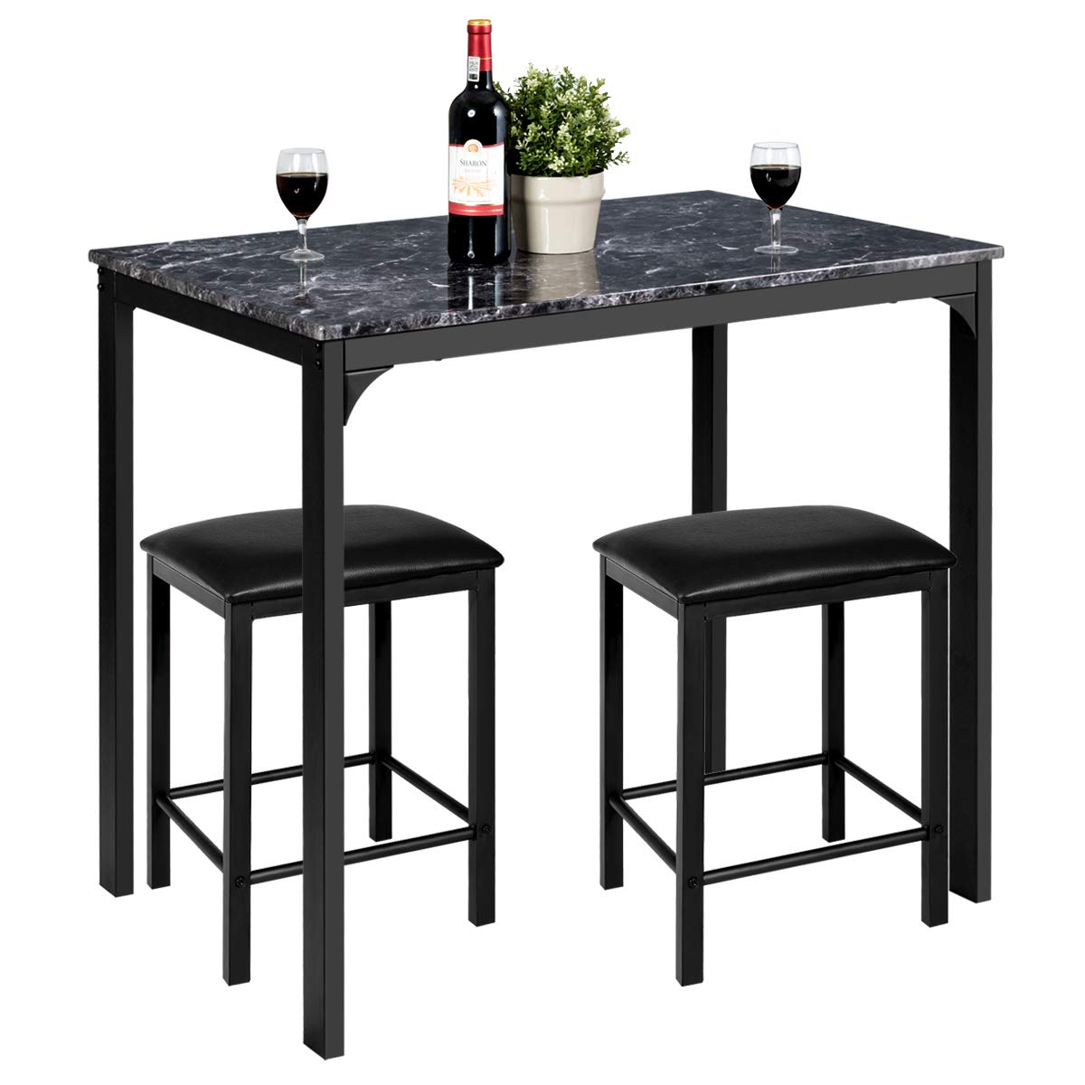 3 Piece Dining Table and Chairs Set with Faux Marble Tabletop 2 Chairs