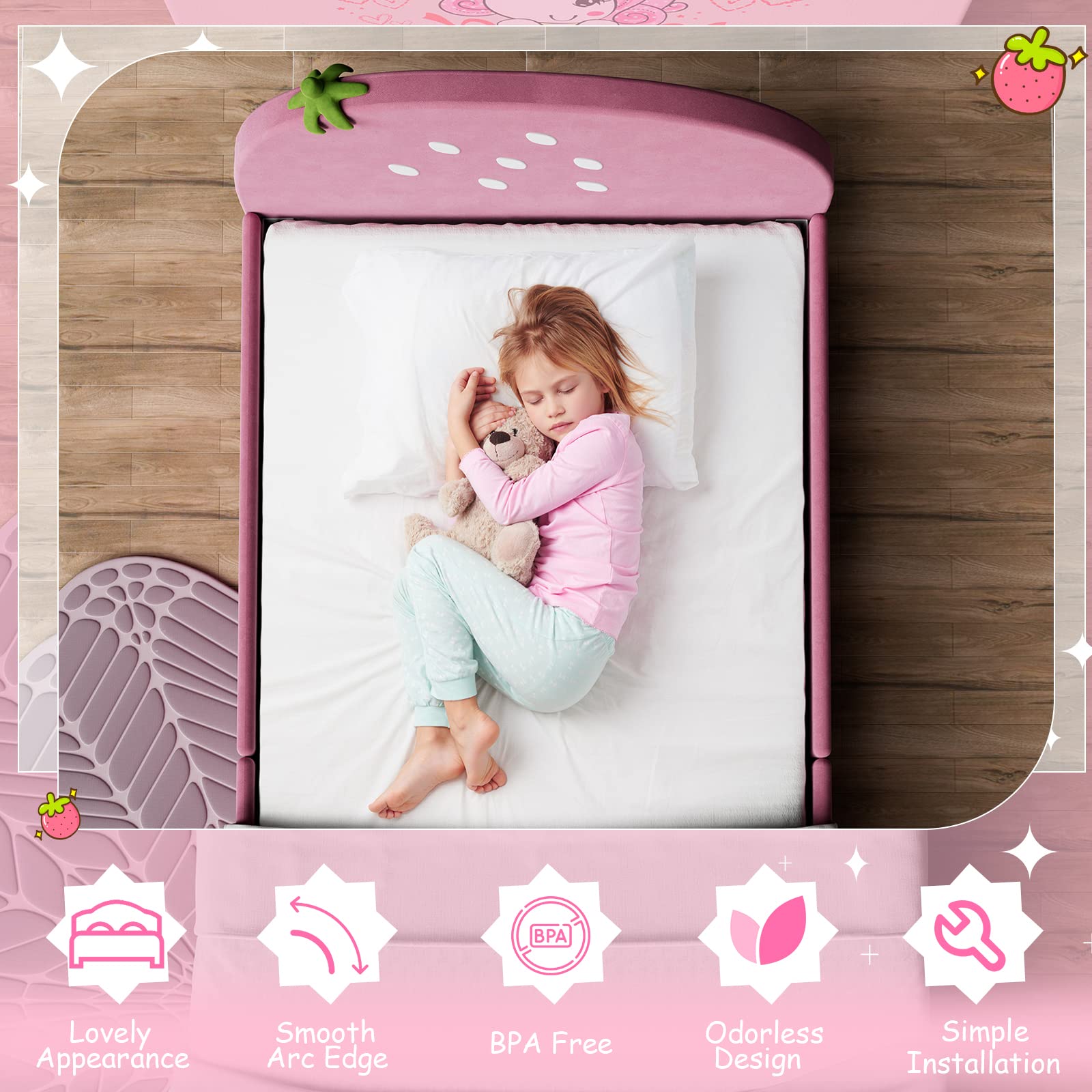 Kids Twin Bed Frame with Headboard, Toddler Upholstered Platform Bed with Slatted Bed Base