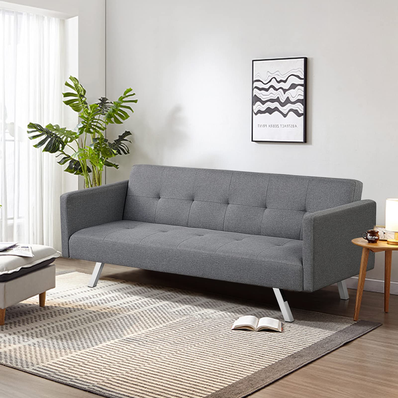 Modern 3 Seat Convertible Futon Sofa Bed with USB and Power Strip