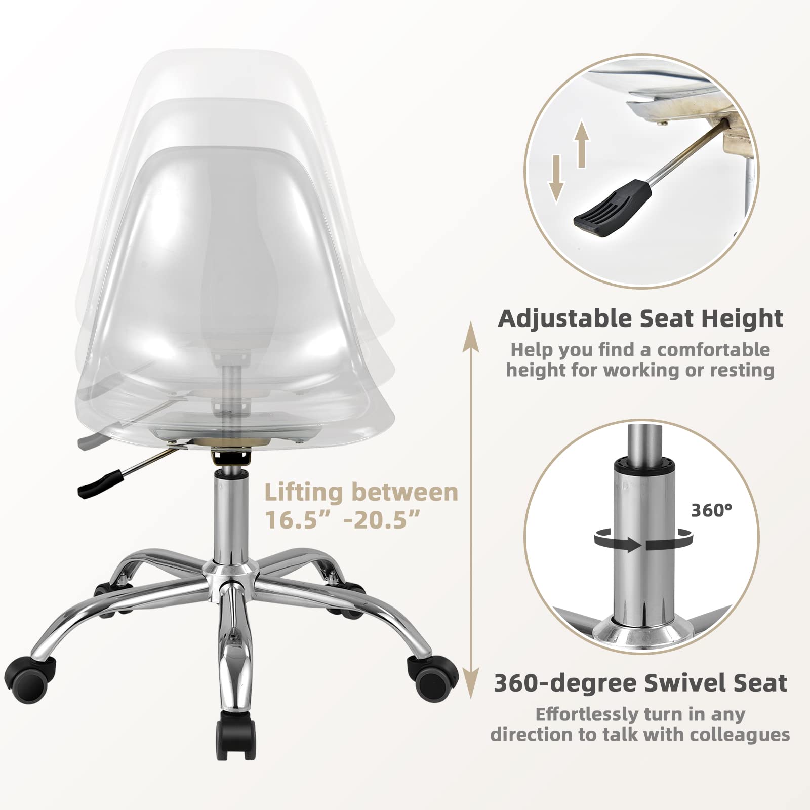 Acrylic Clear Desk Chair, Armless Swivel Vanity Ghost Plastic Chair with Sturdy Metal Base & Smooth Wheels